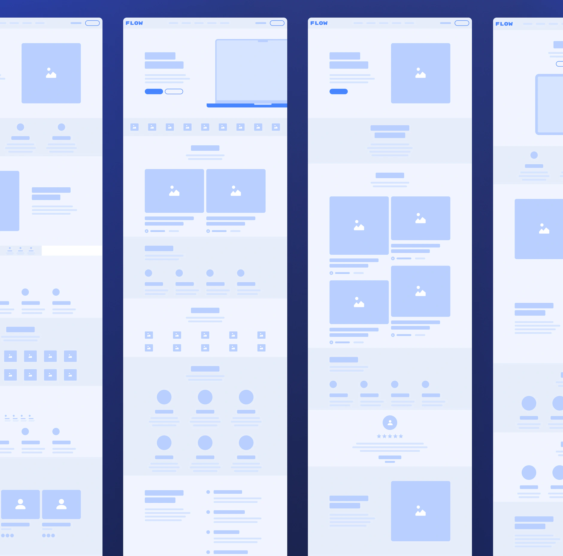 Low-fidelity Gauss wireframes in blue and grey, four long page layouts placed side by side