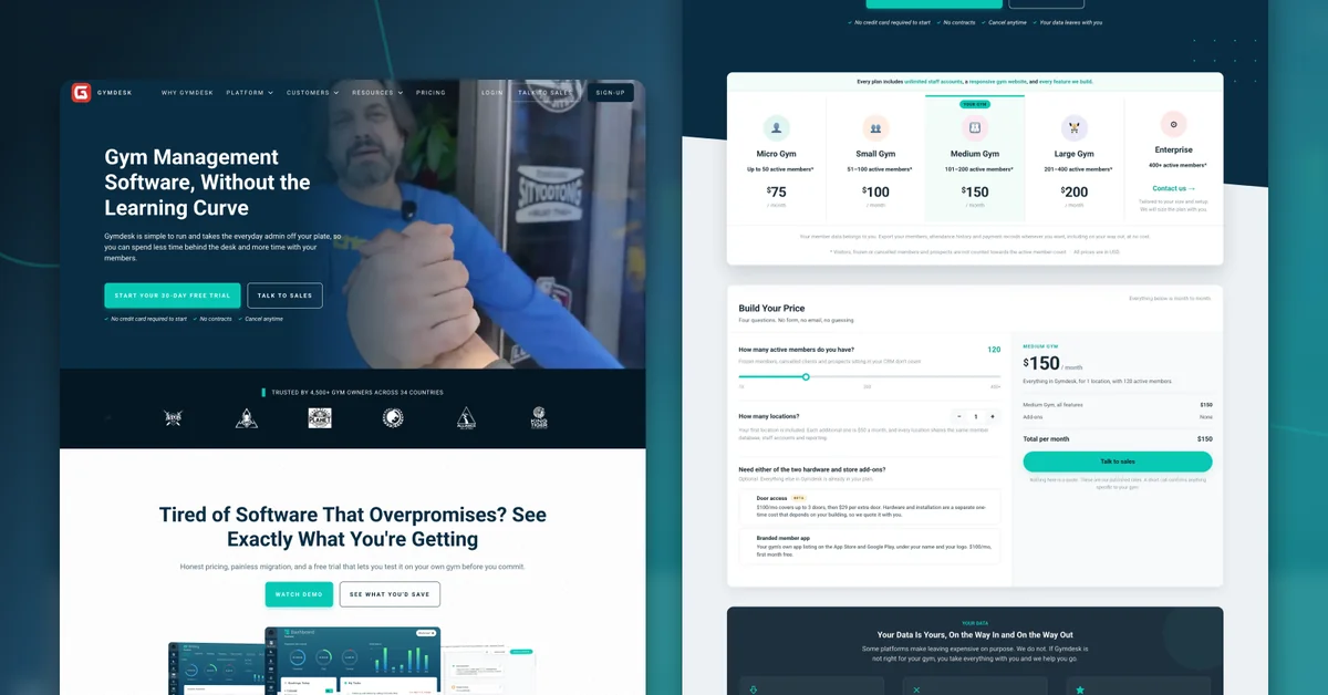 Gymdesk homepage hero beside the pricing page with Micro to Enterprise plan tiers and the Build Your Price calculator