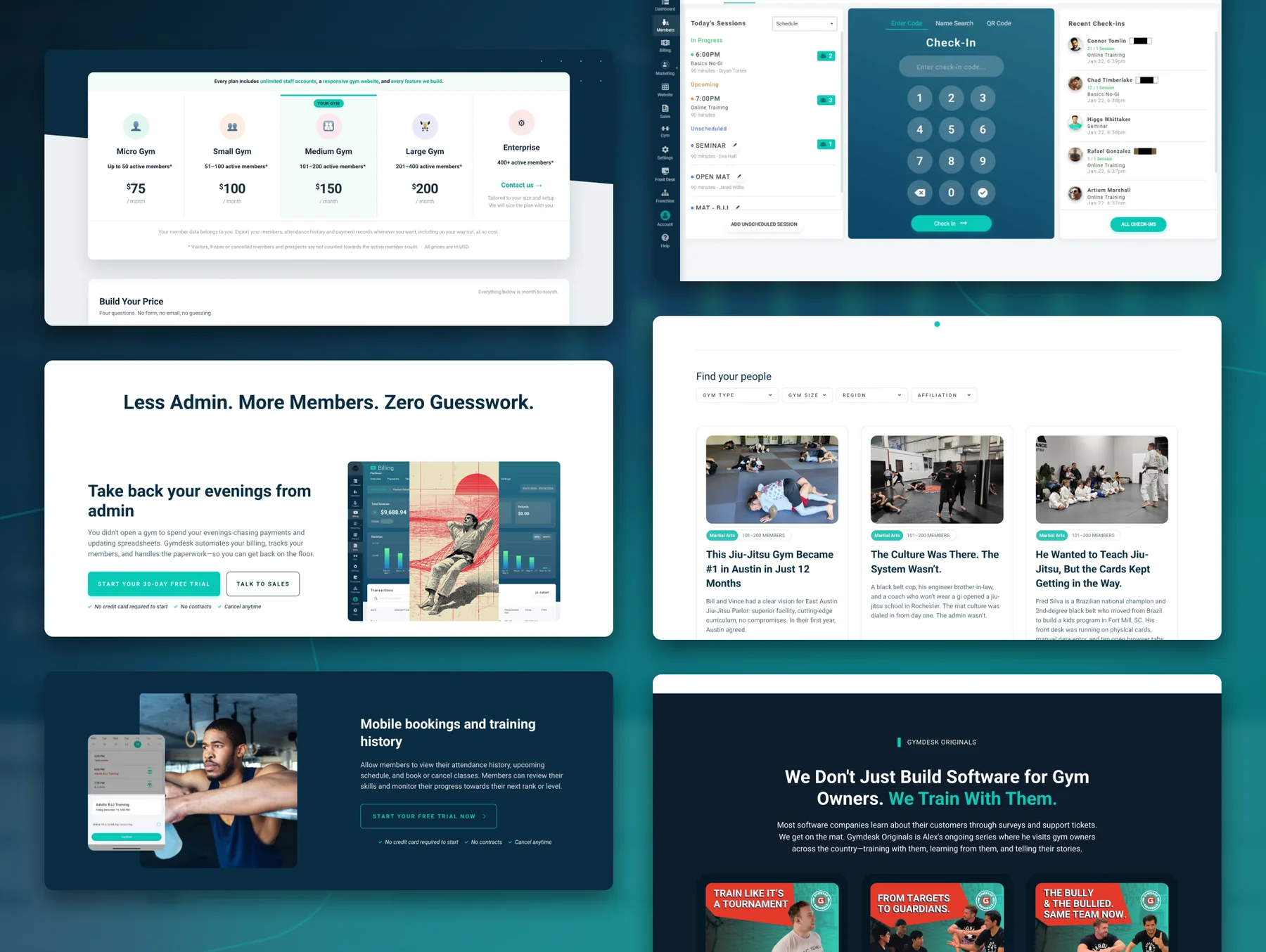 Gymdesk component sections: pricing tiers, check-in kiosk, Less Admin feature block, customer story cards, mobile bookings, and Gymdesk Originals