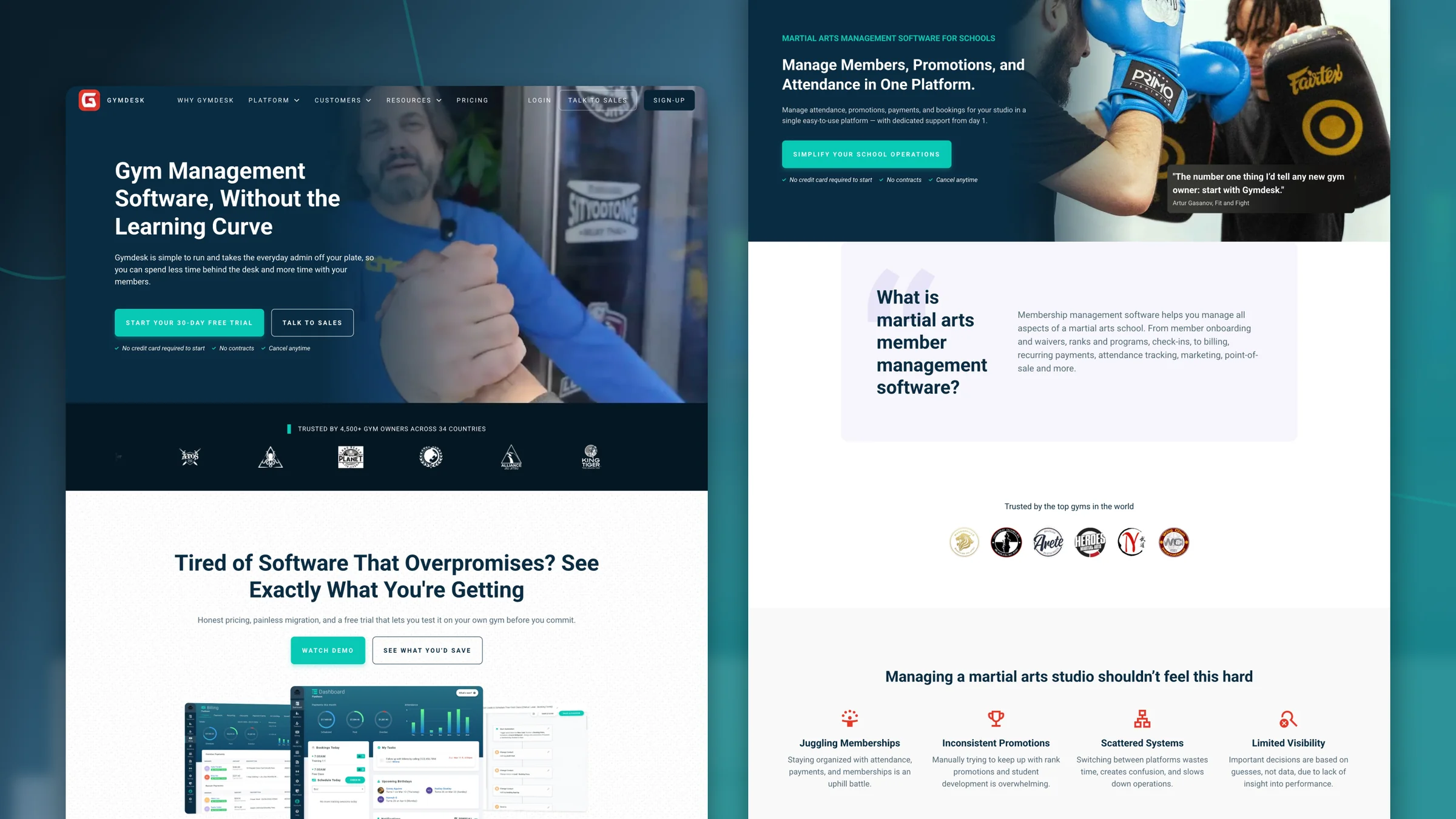 Gymdesk website rebuilt in Webflow: homepage hero with free-trial CTA and trusted-by logos beside the martial arts school software page