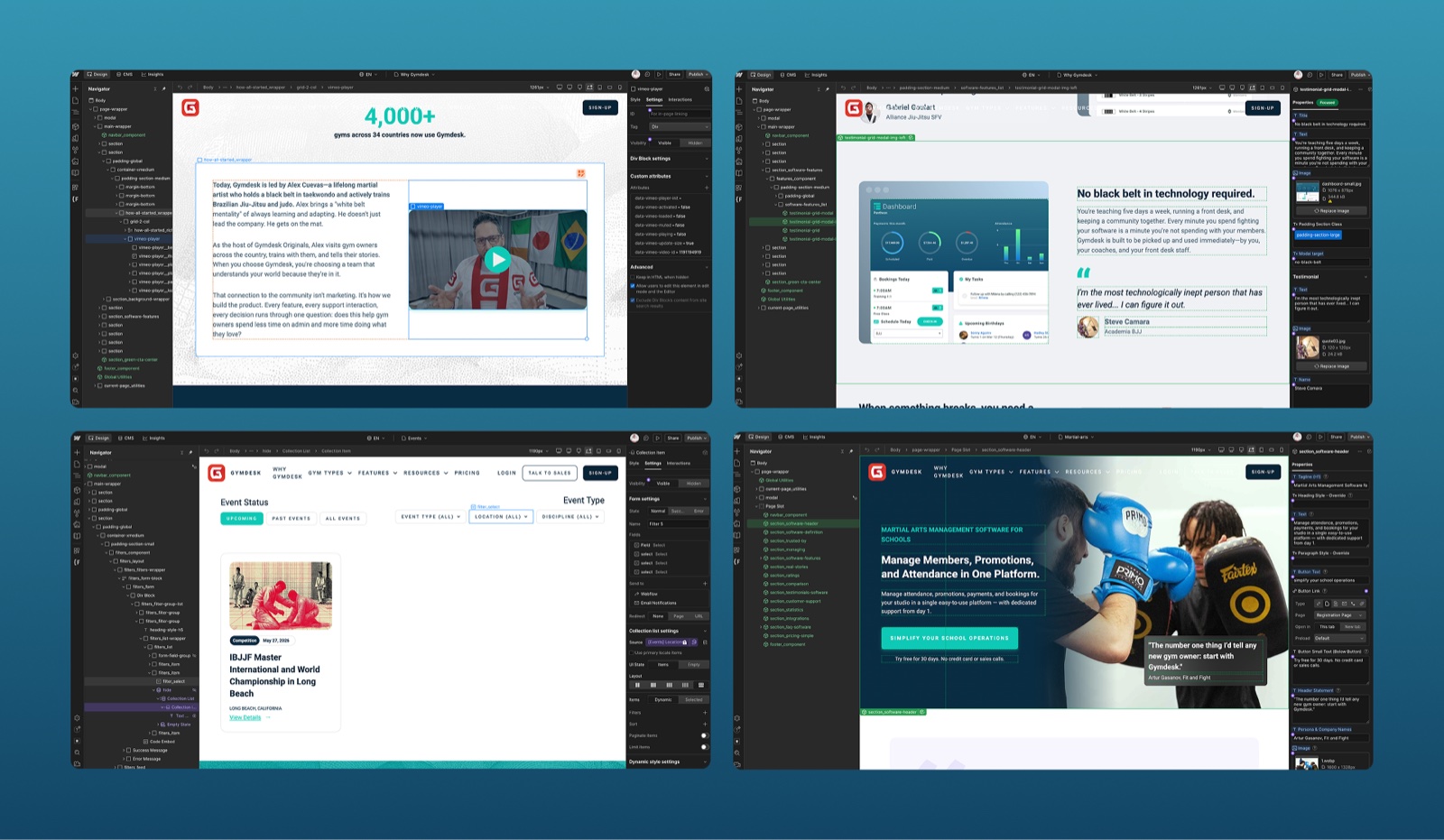 Gymdesk pages in the Webflow Designer: Why Gymdesk video block, testimonial feature section, event listing, and martial arts school hero