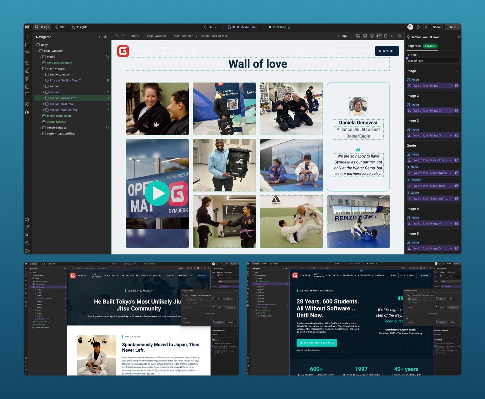Gymdesk retainer work in the Webflow Designer: Wall of love photo grid on an IBJJF event page and two customer story pages