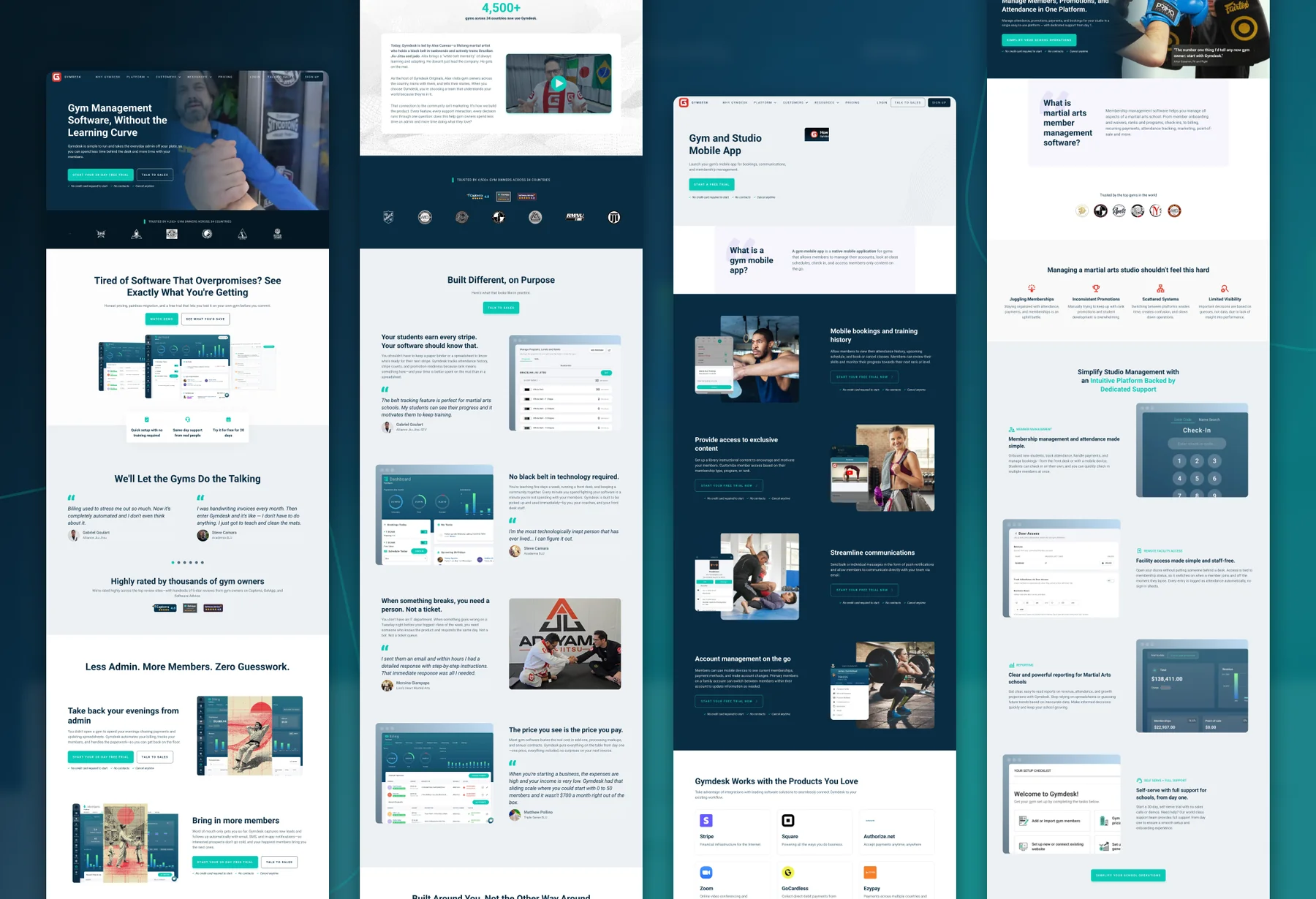 Full-length Gymdesk pages on Webflow: homepage, Why Gymdesk, Gym and Studio Mobile App, and martial arts school software