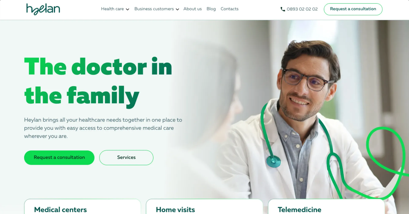 Haelan homepage: The doctor in the family hero with Request a consultation and Services buttons beside a doctor's portrait