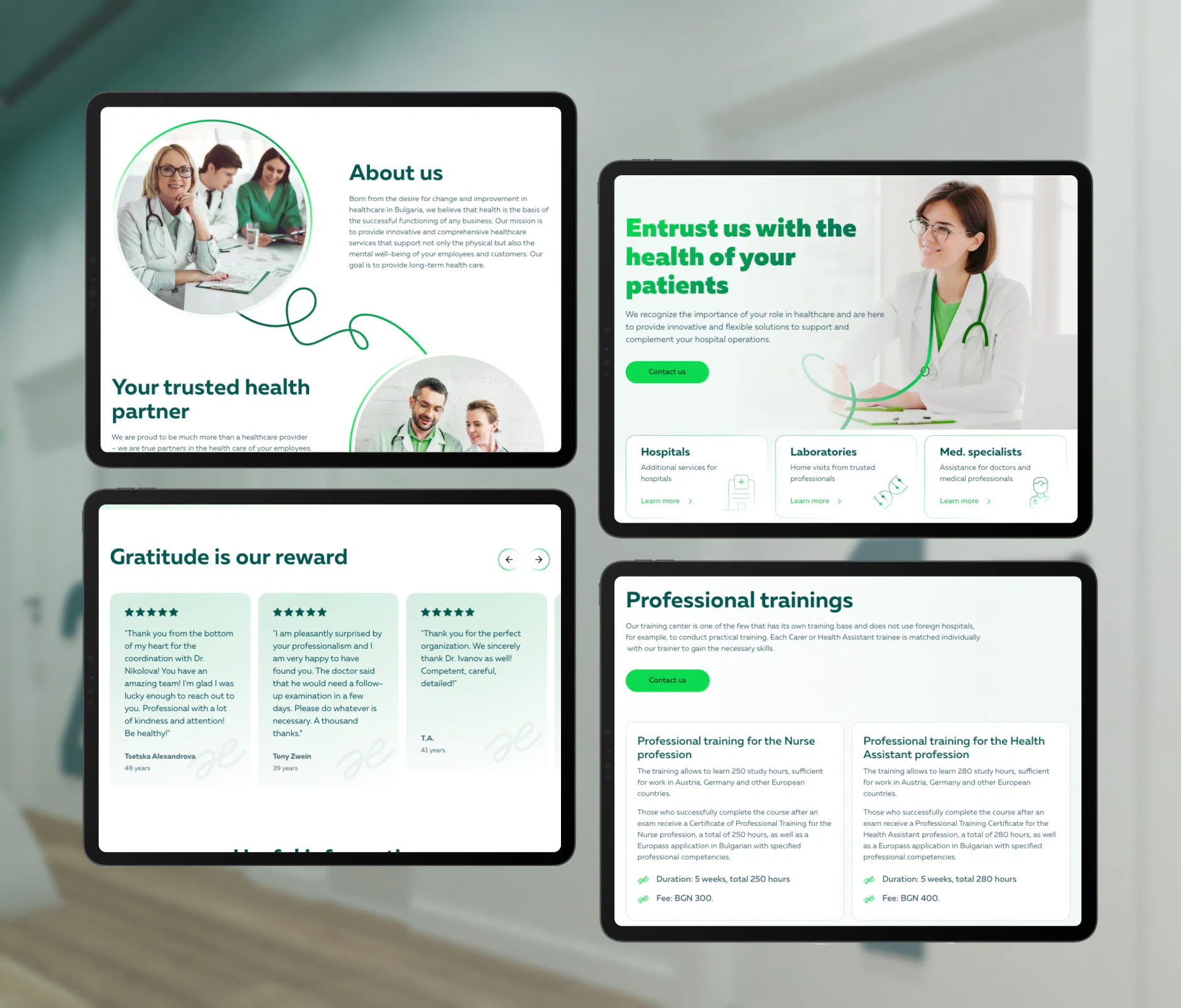 Haelan pages on four tablet mockups covering about us, hospital services, reviews and professional trainings