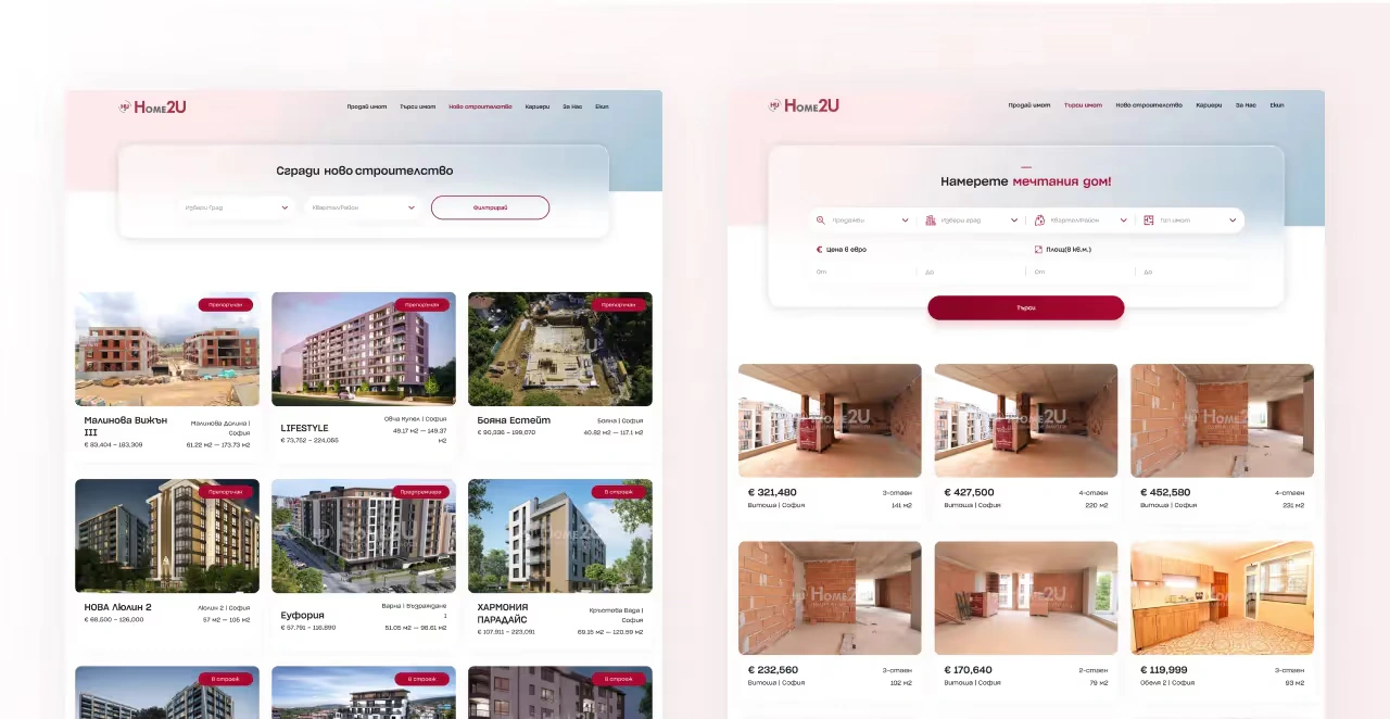 Home2U listing pages for new-build projects and for properties for sale or rent, each with search filters and property cards