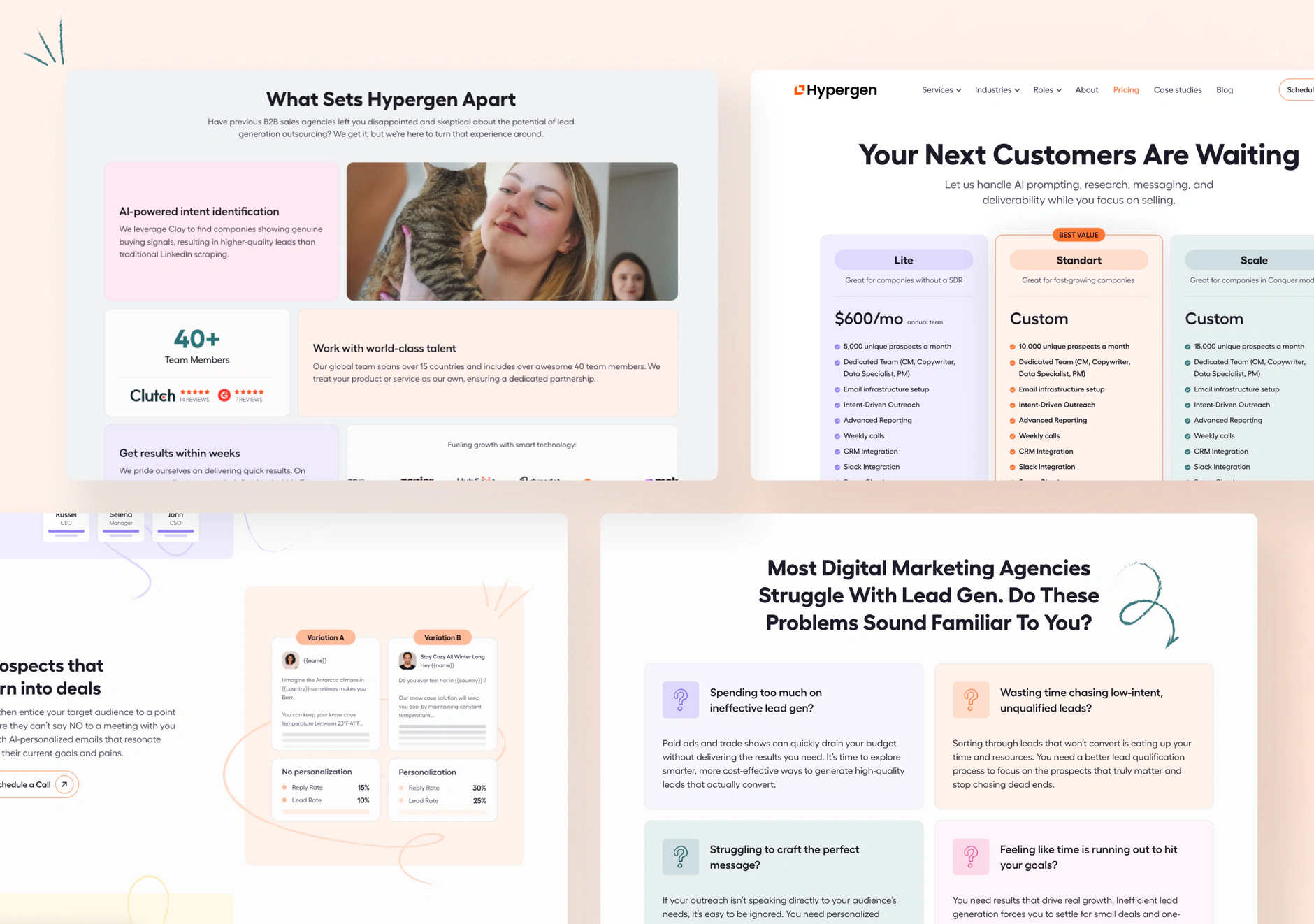 Hypergen desktop page sections including the pricing tier table, A/B test cards and a problem-statement card grid