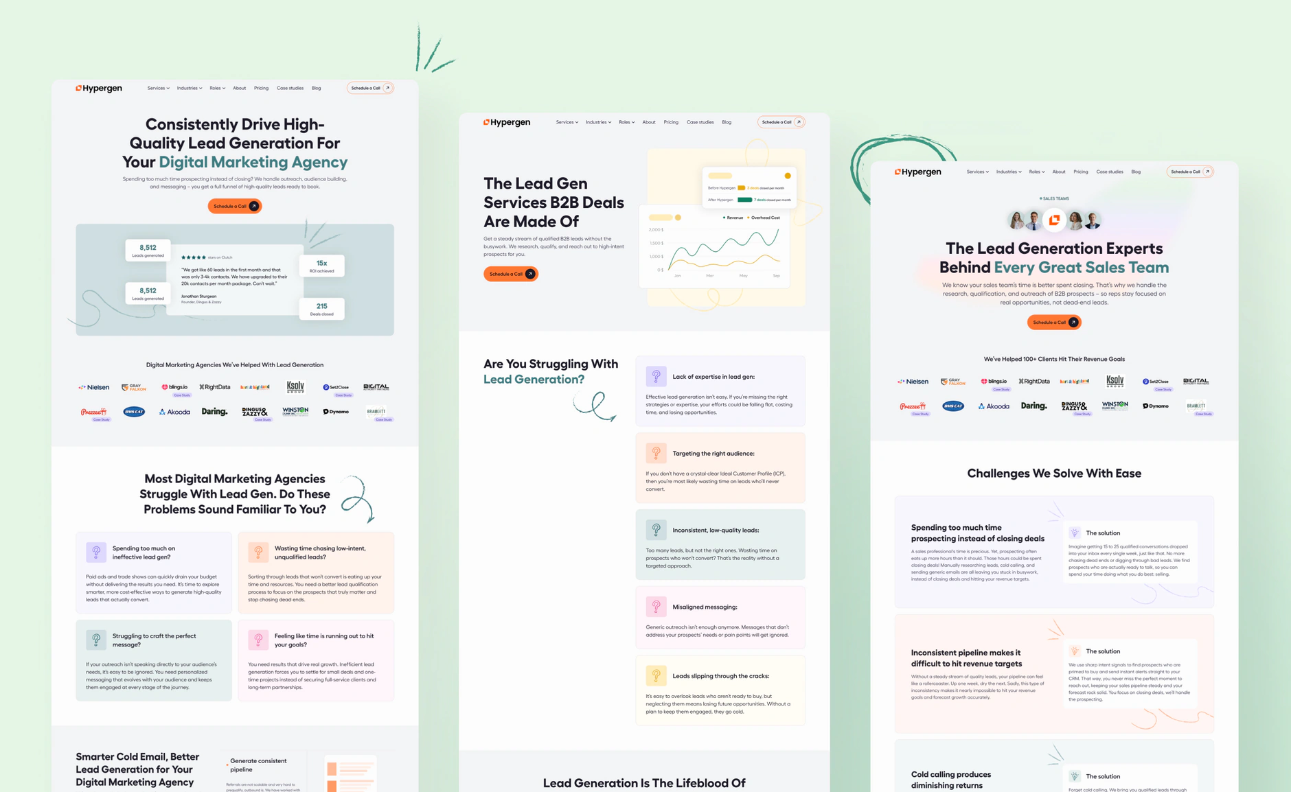 Three full-length Hypergen desktop page designs side by side, each with a hero, client logo row and card sections