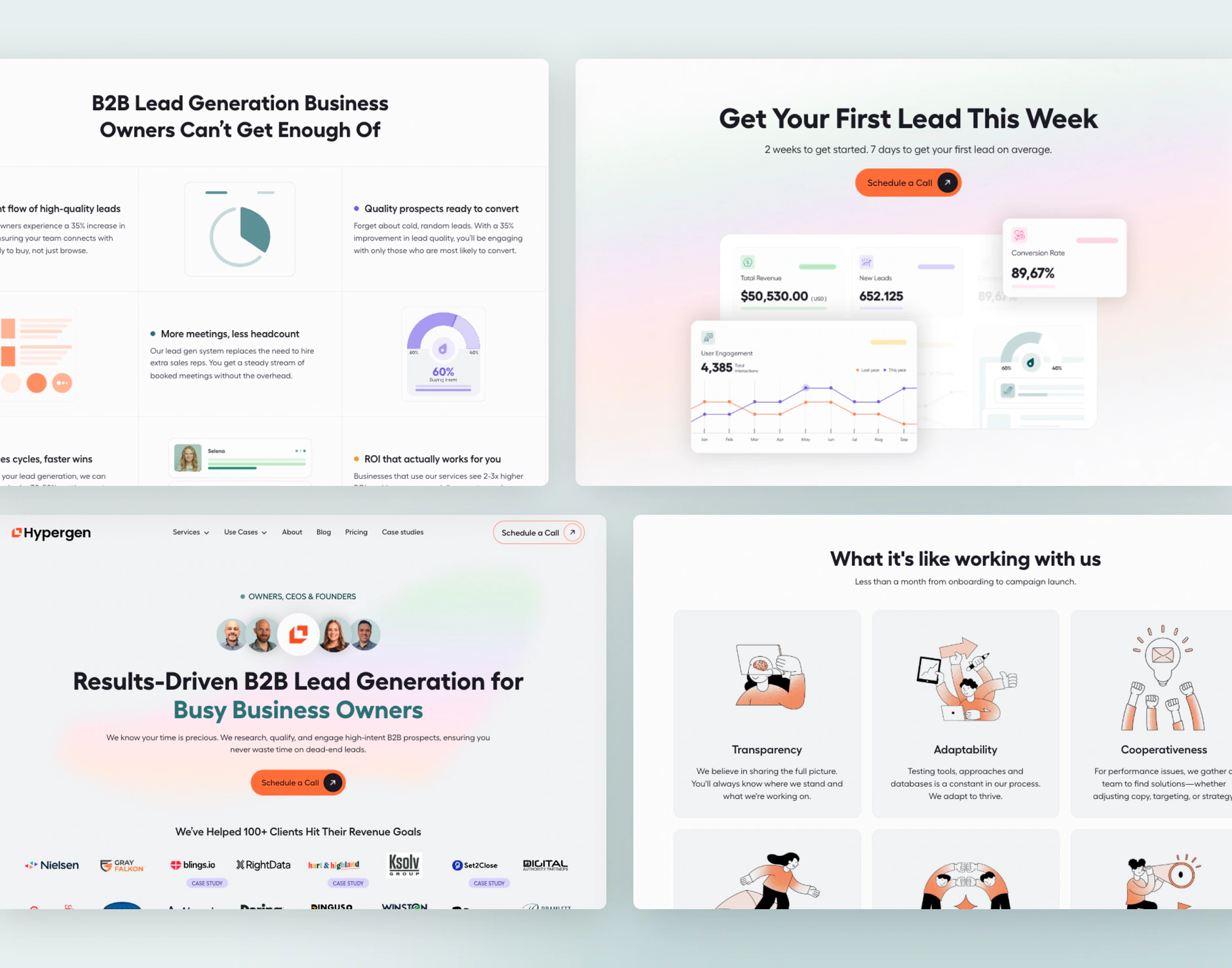 Hypergen page sections with donut-chart benefit cards, a dashboard-led hero and illustrated company values cards