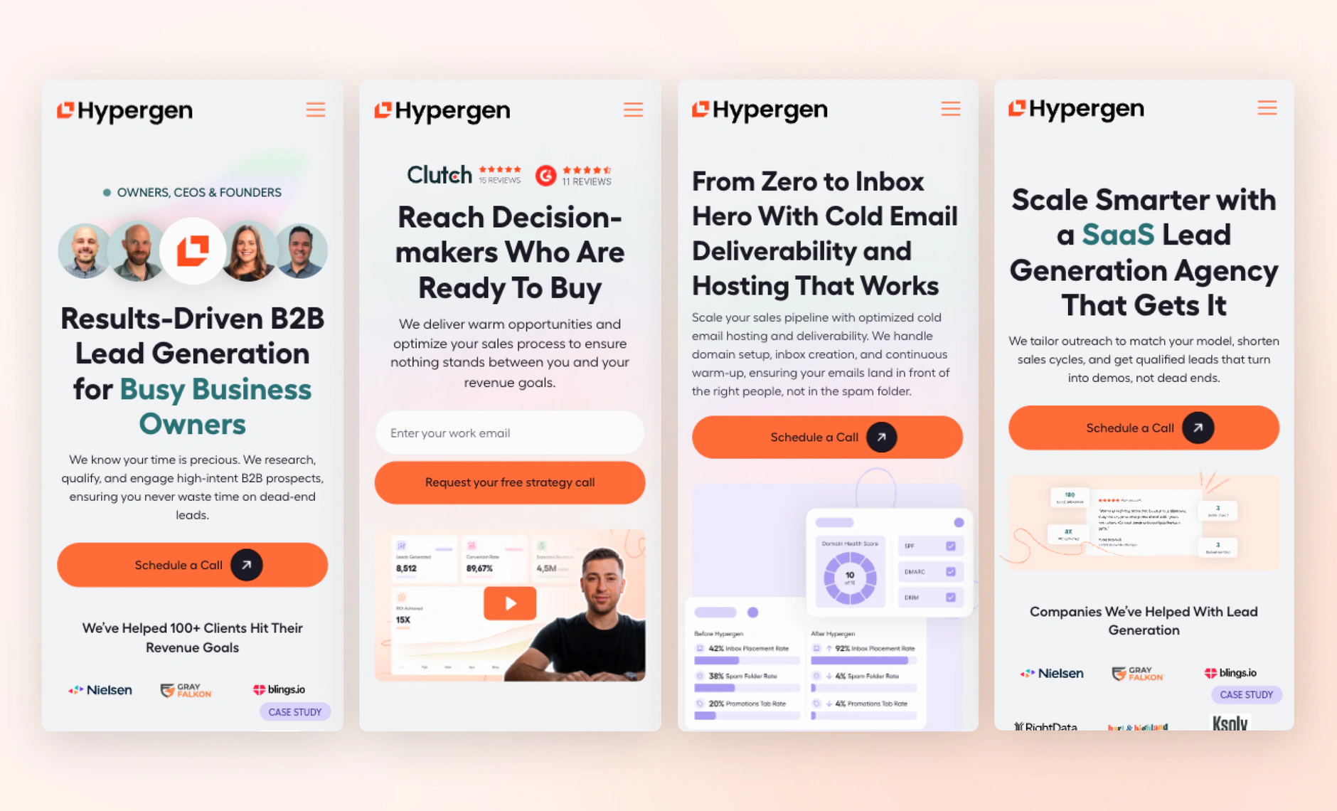 Four Hypergen mobile screens showing hero headlines, orange call-to-action buttons and client logo rows