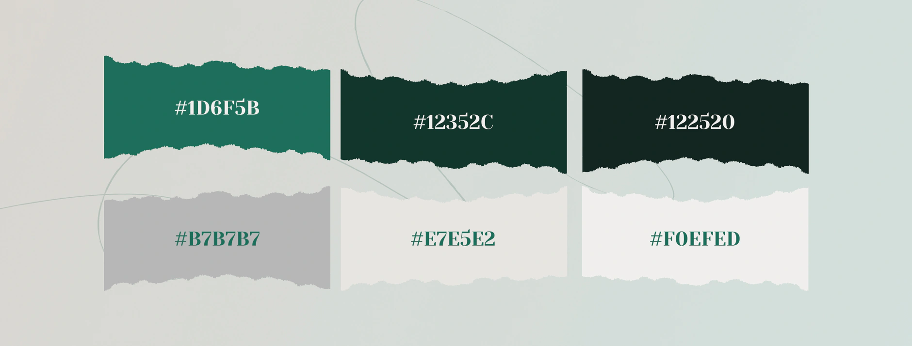 I Can colour palette of six torn-paper swatches with hex values, in deep greens and light neutral greys