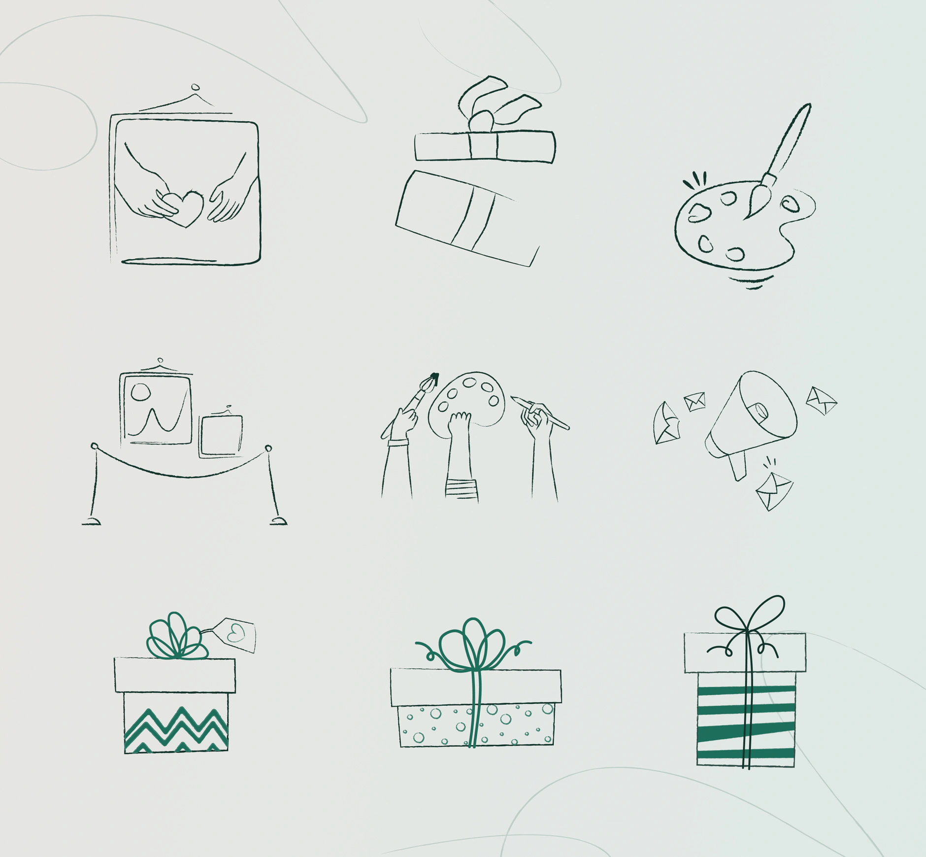 Nine hand-drawn I Can illustrations of framed artwork, gift boxes, a paint palette, raised hands and a megaphone