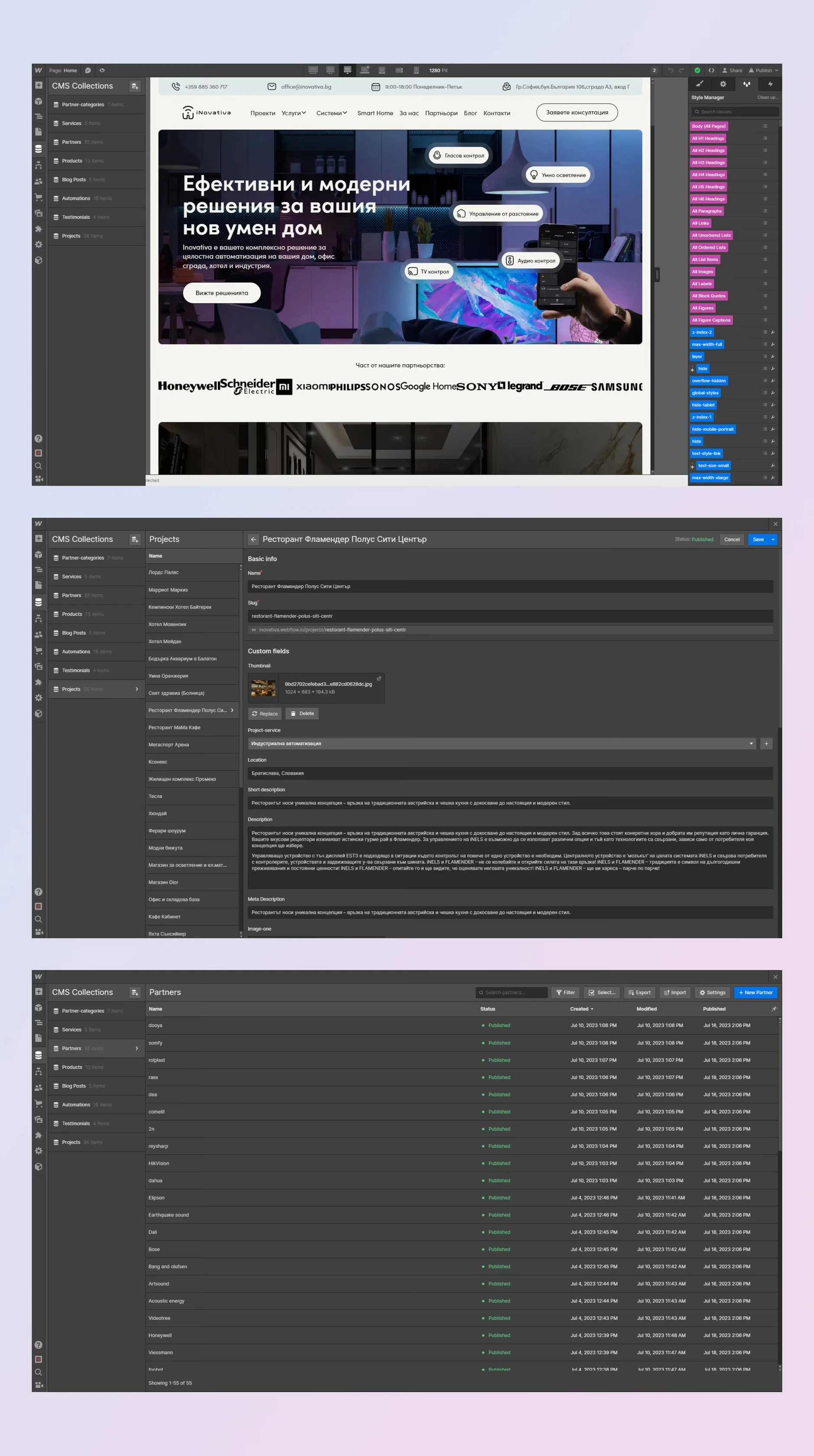 Process of developing Inovativa's website in Webflow