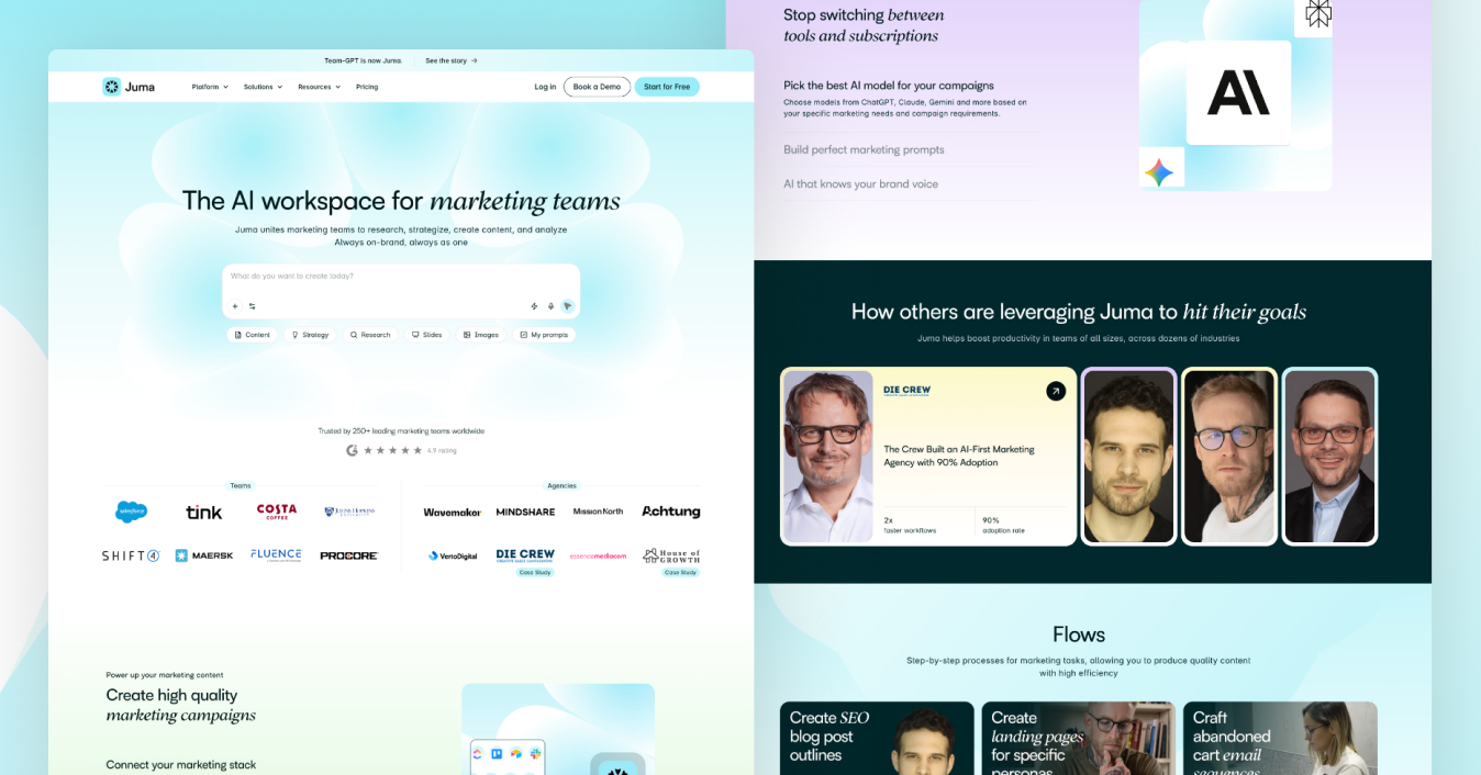 The Juma homepage hero, The AI workspace for marketing teams, with a prompt box, quick actions and a Team-GPT is now Juma announcement bar