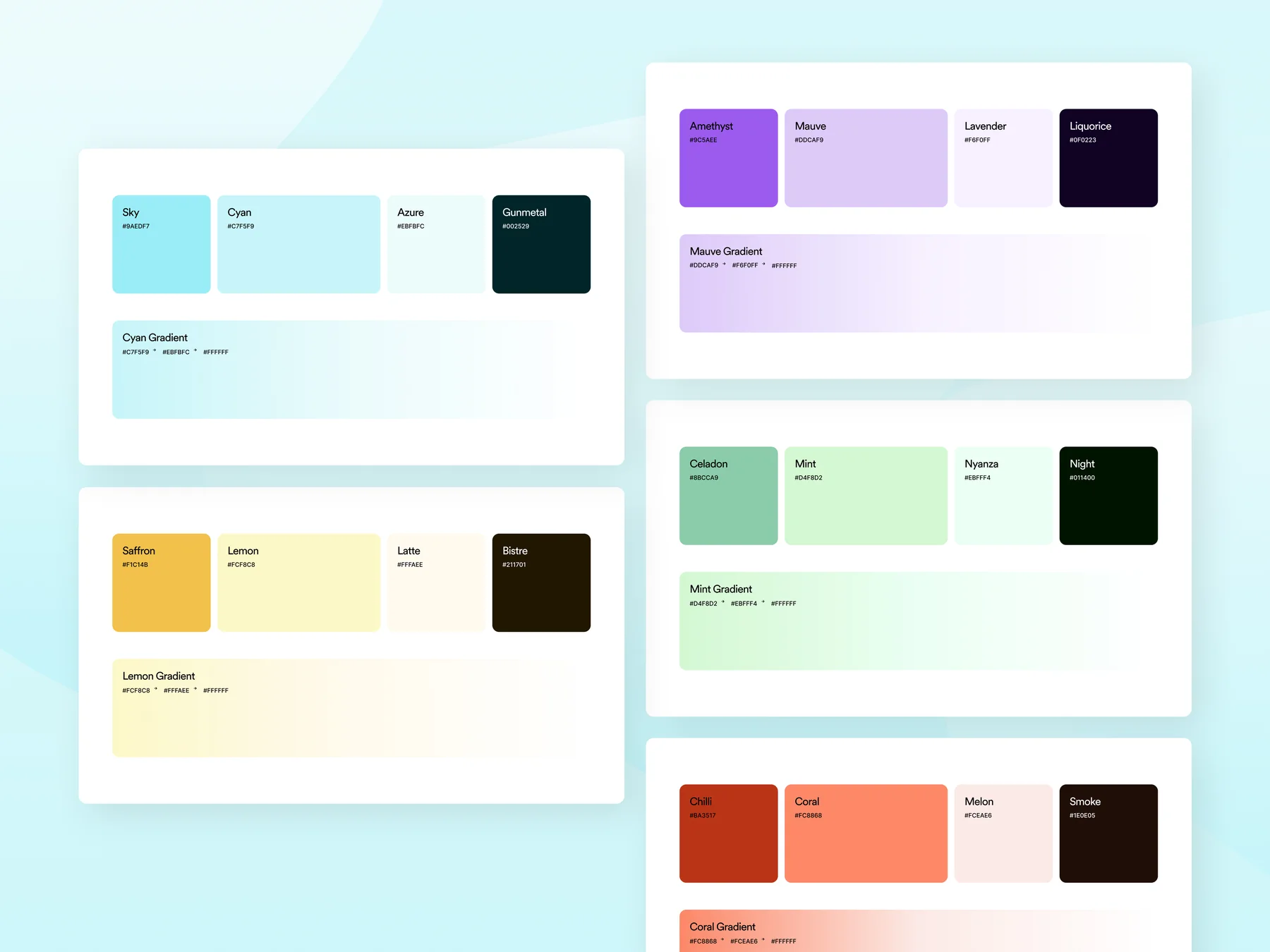 The Juma colour system: cyan, mauve, lemon, mint and coral palettes, each with named swatches, hex codes and a matching gradient