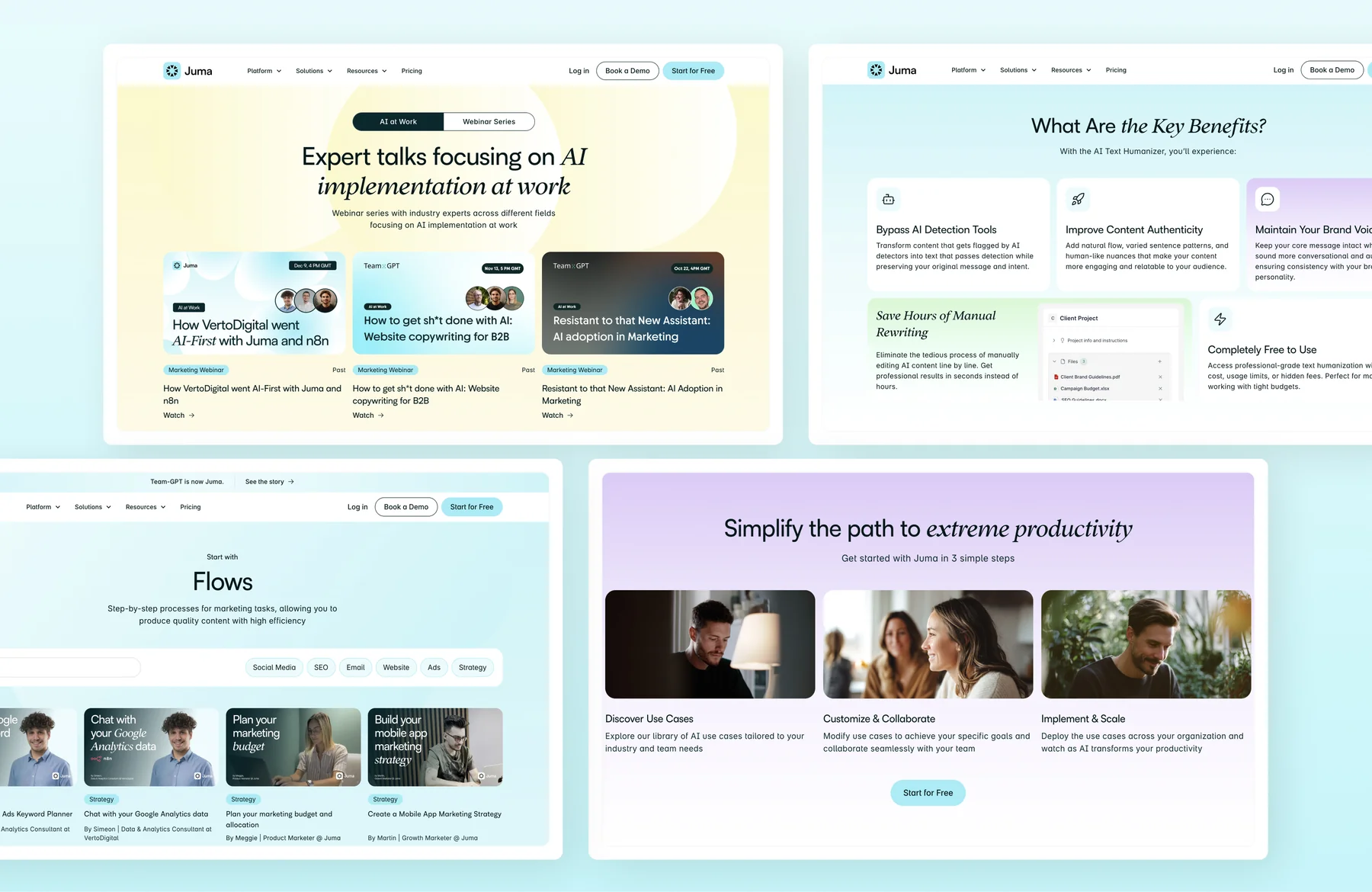 Juma page designs: the AI at Work webinar series, the AI Text Humanizer benefits section, the Flows library and a three-step getting started section