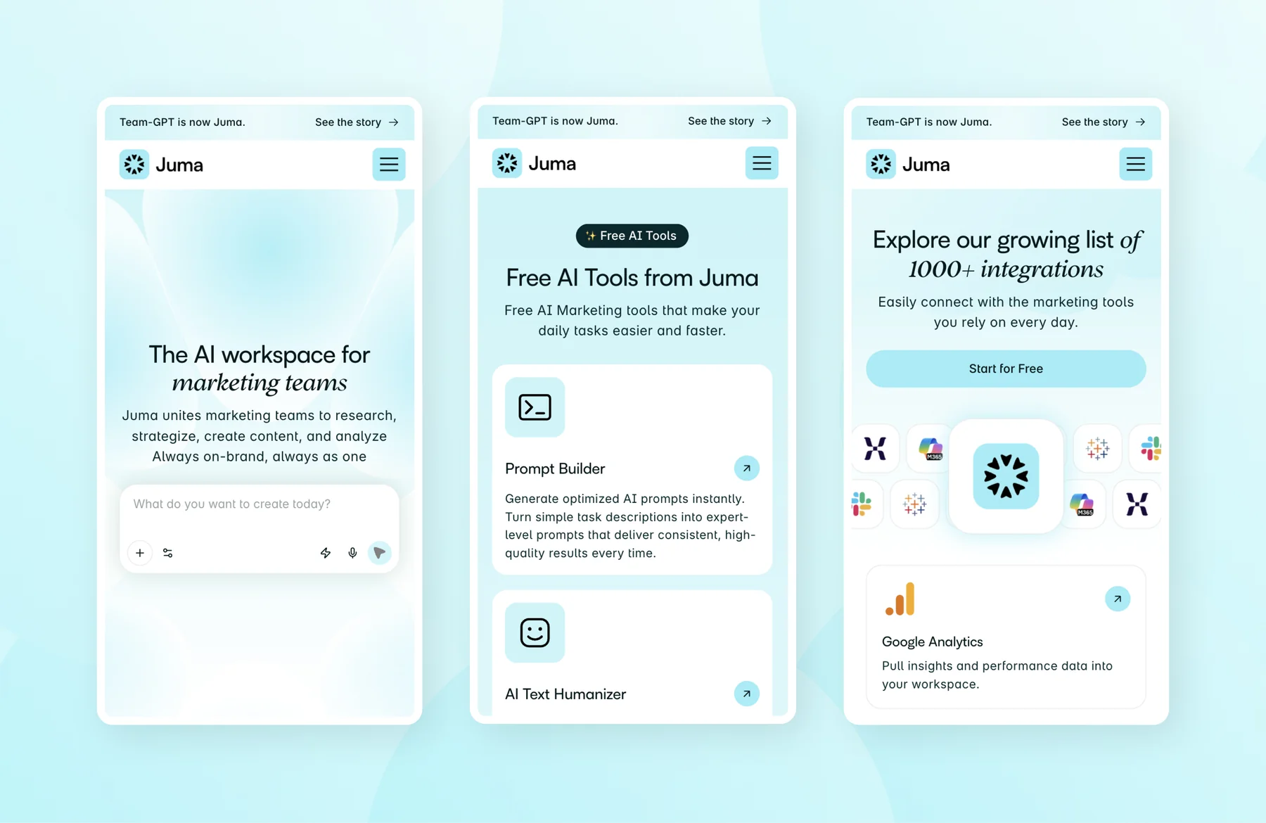 Juma mobile designs under the Team-GPT is now Juma banner: the homepage hero, the Free AI Tools page and the integrations page