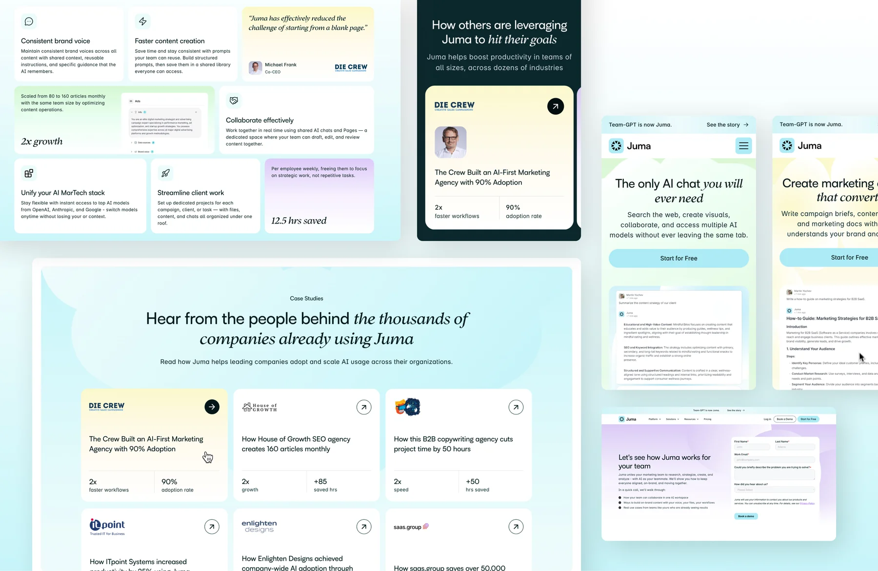 Juma feature and case study designs: a benefits grid with client results, the customer stories index, mobile feature pages and the book a demo form