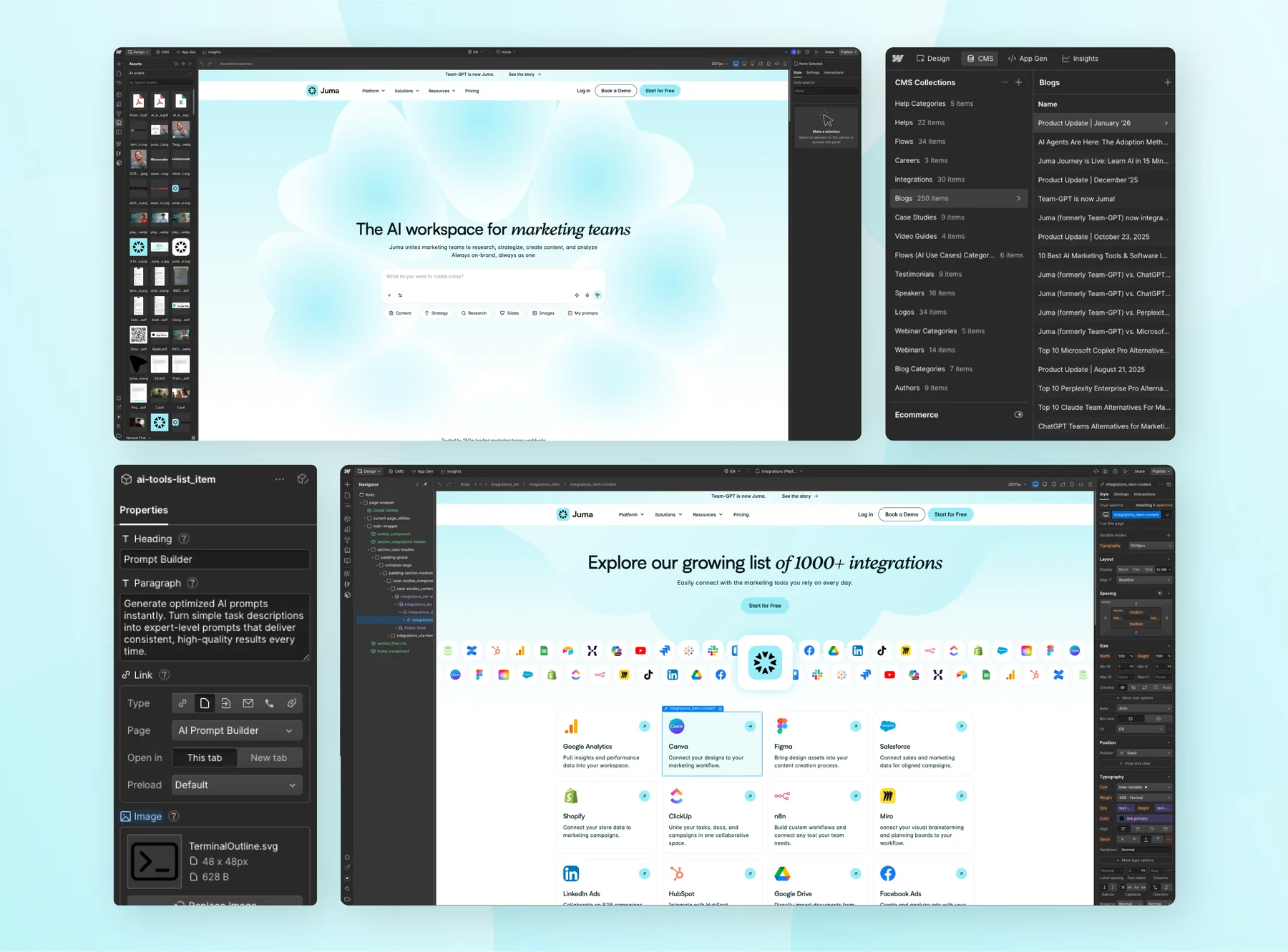 The Juma site in Webflow: the homepage in the Designer, CMS collections for Flows, Integrations, Helps and 250 blog posts, a tool card component and the integrations page
