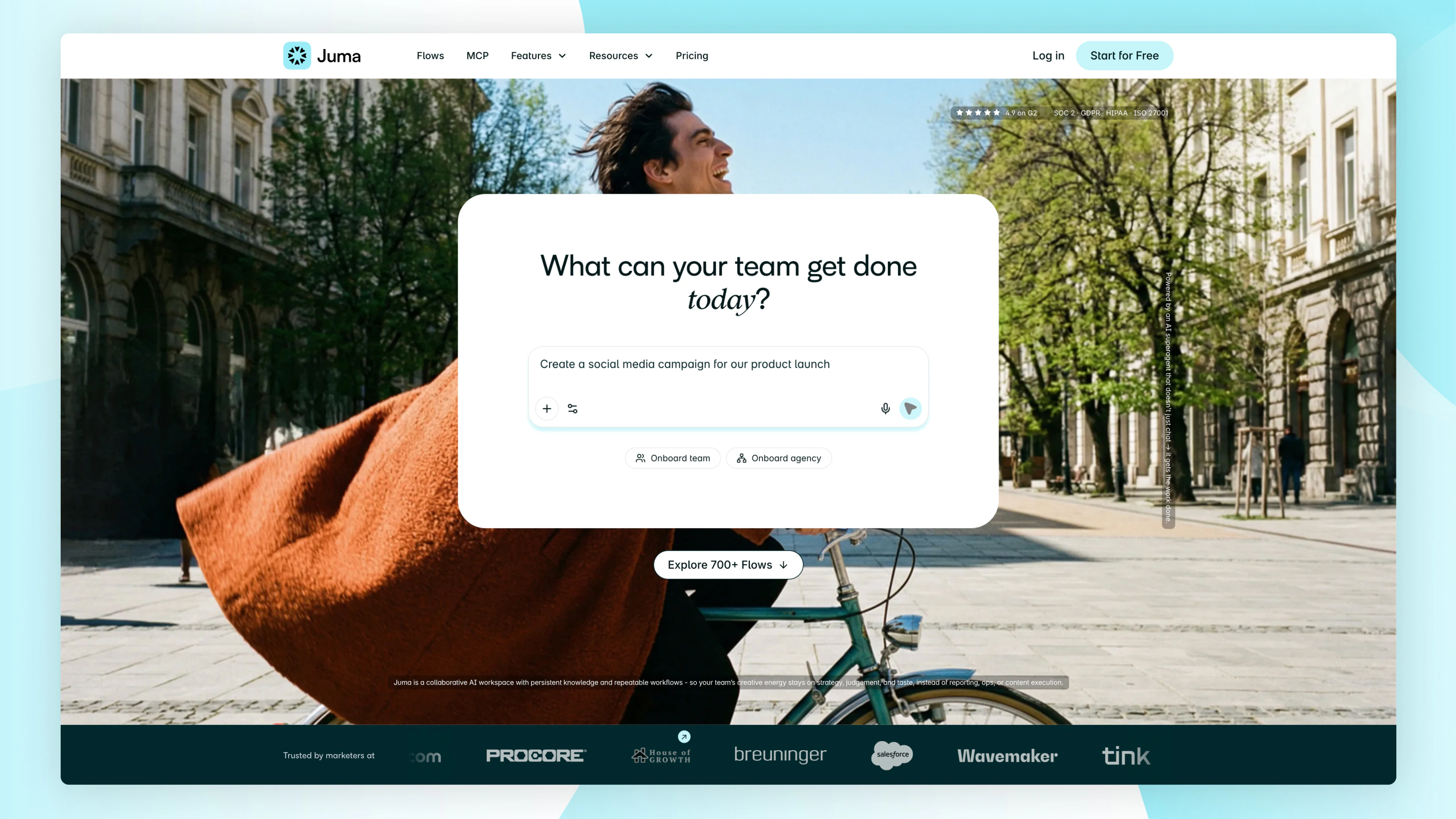 The Juma homepage hero, The AI workspace for marketing teams, with a prompt box, quick actions and a Team-GPT is now Juma announcement bar