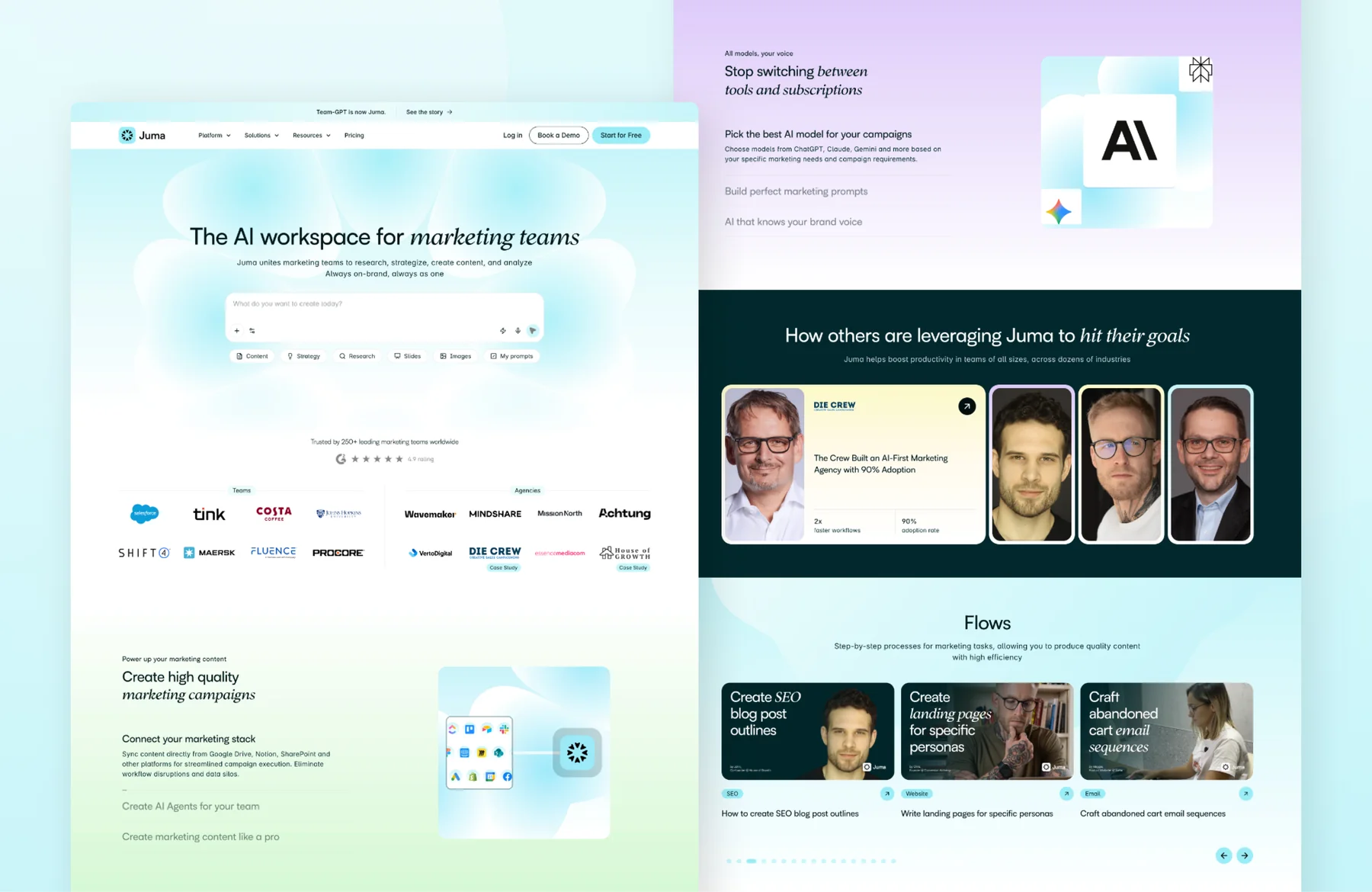 The Juma homepage design: the AI workspace hero, customer logos, a marketing stack section, AI model choice, customer stories and the Flows carousel