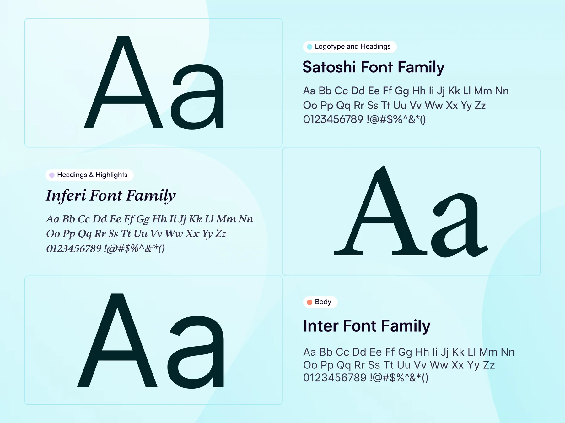 Juma typography: Satoshi for the logotype and headings, Inferi for italic headings and highlights, and Inter for body text