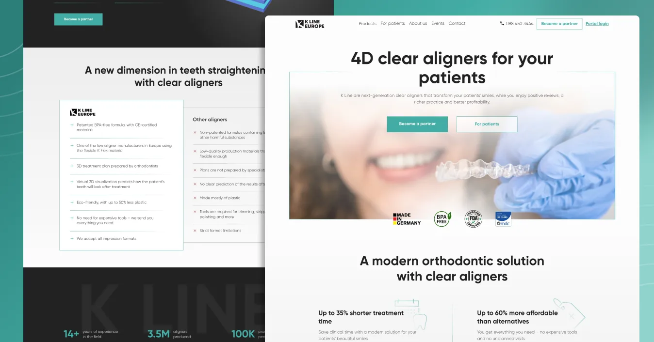 K Line Europe homepage with the 4D clear aligners for your patients hero and benefits grid, layered over the K Flex material section and aligner comparison table on a teal backdrop