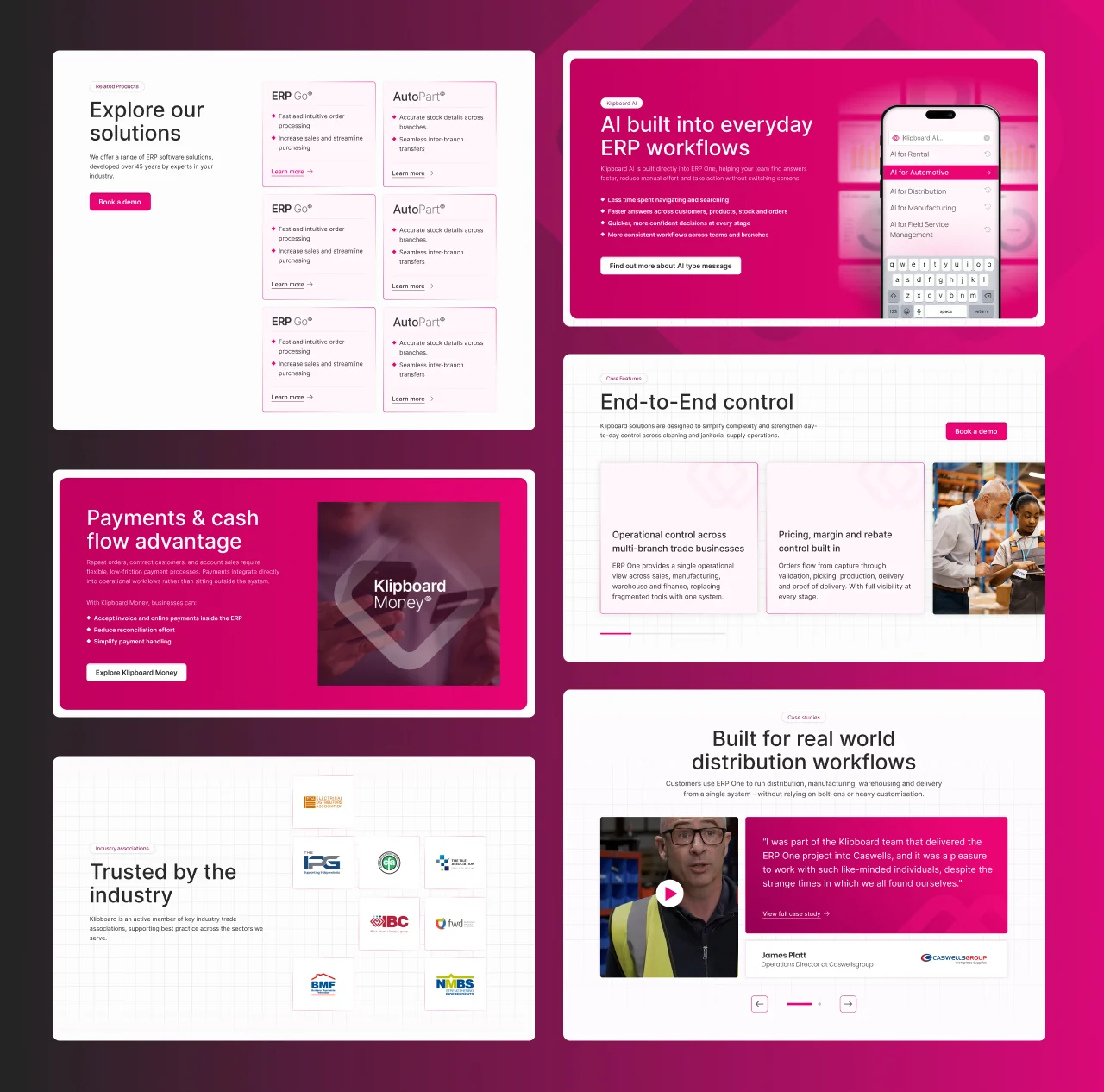 Klipboard page sections covering the product solutions grid, Klipboard Money payments, industry association logos, the AI workflows panel and a customer video story