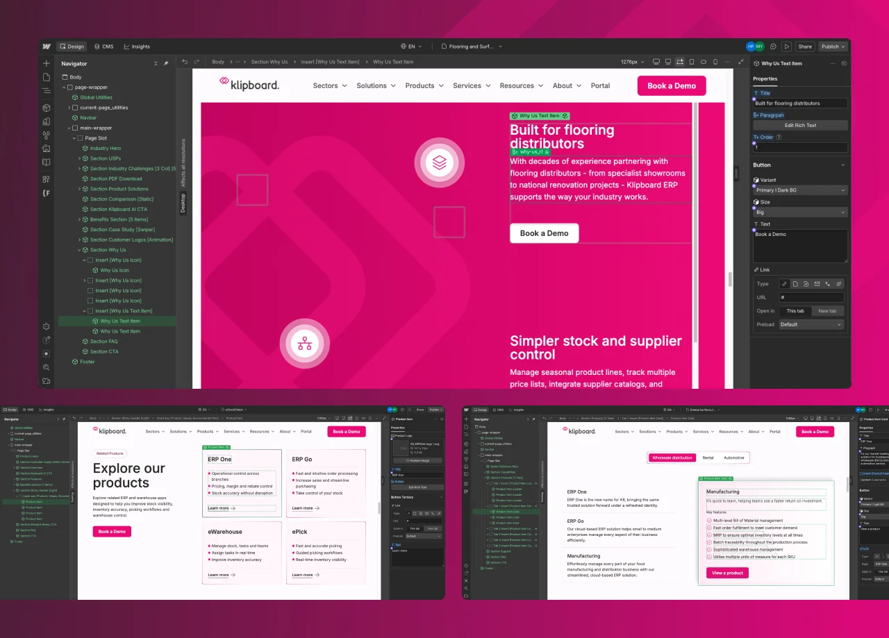 Klipboard's flooring sector page in the Webflow Designer with the Navigator tree and element properties, above the product listing and sector tab builds
