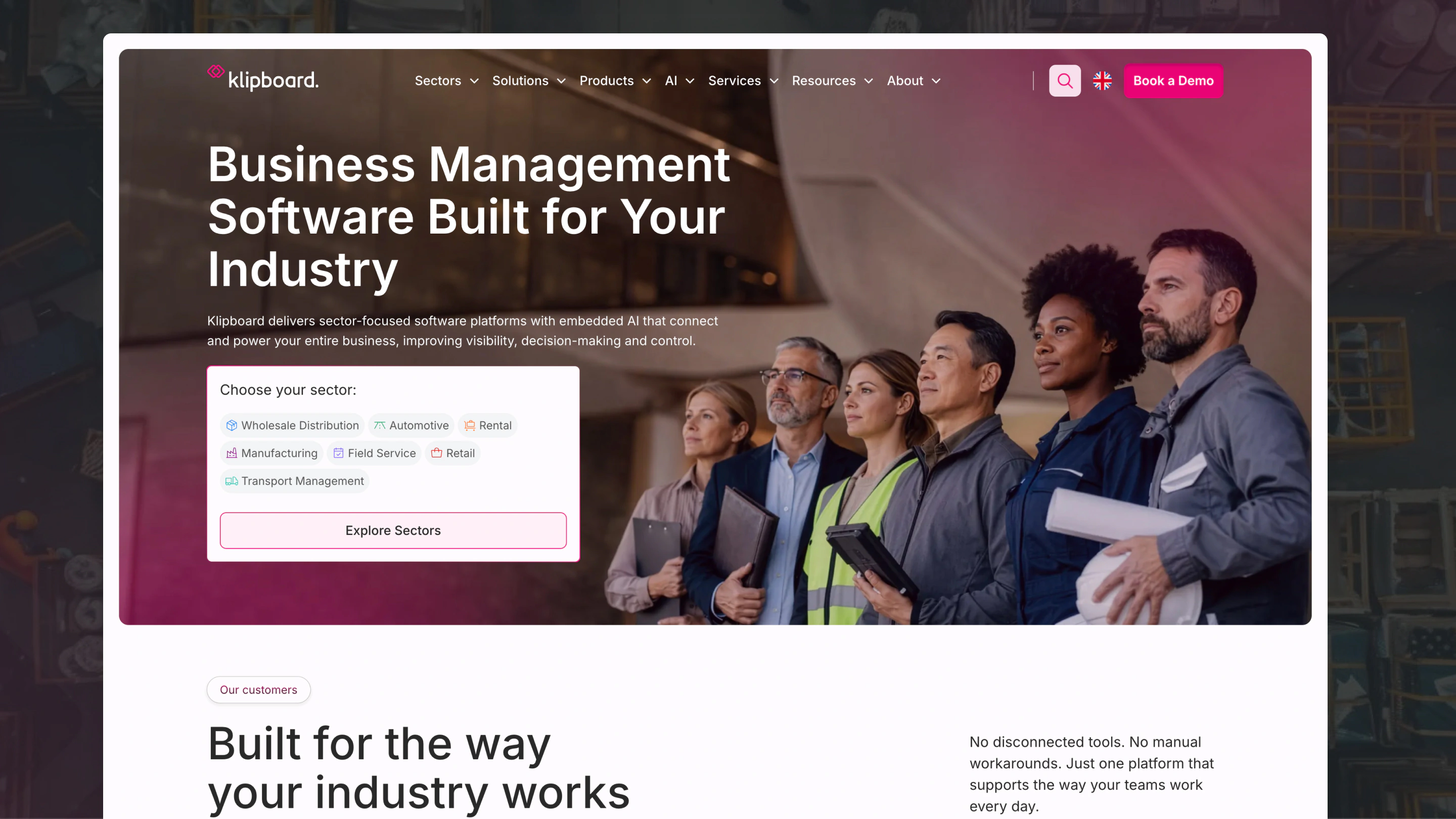 Klipboard on Webflow: the industry-specific ERP and field service homepage with sector selector and the connected-platform infinity graphic