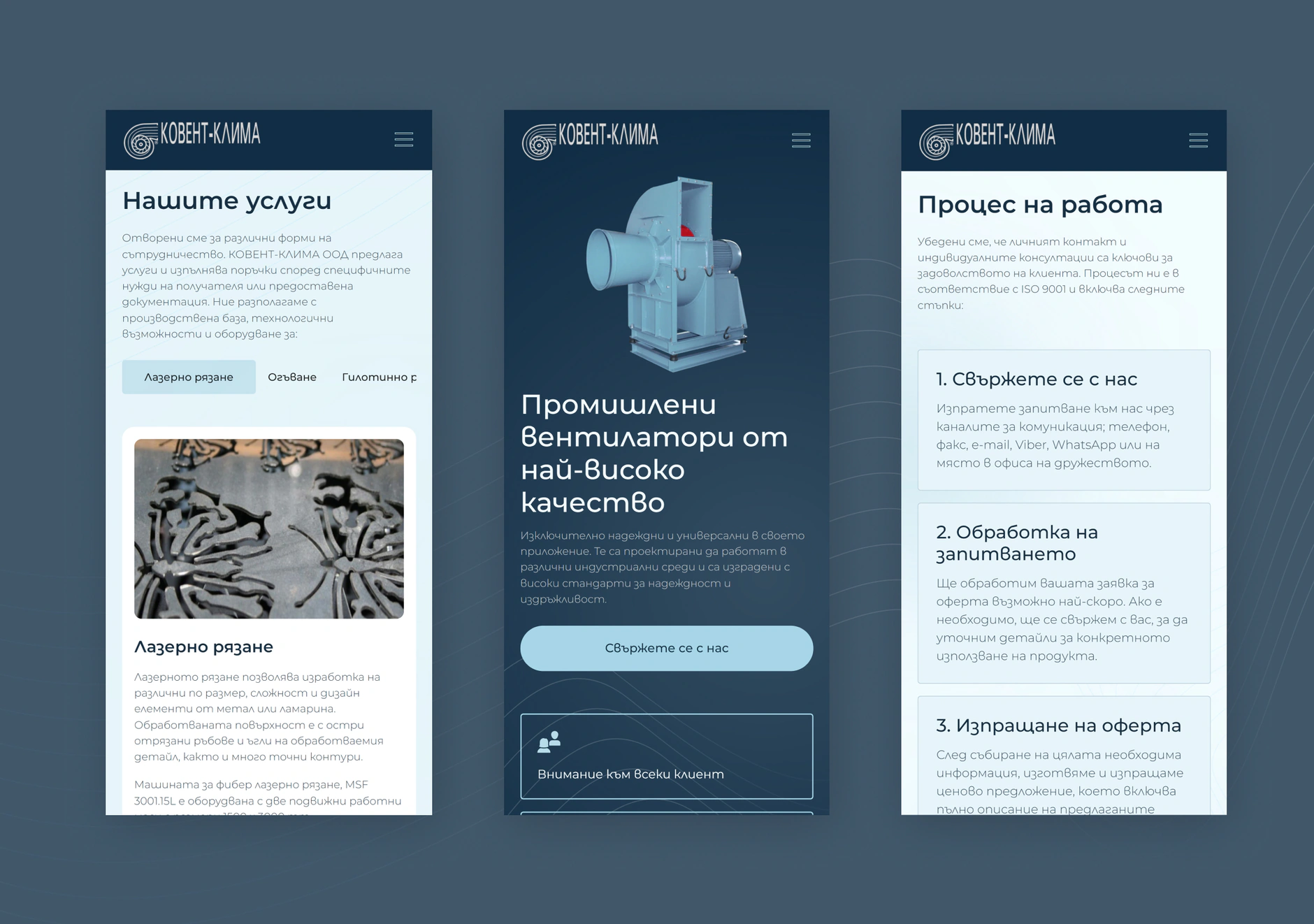Kovent Klima mobile screens for the services page, homepage hero with a 3D fan render and the numbered work process