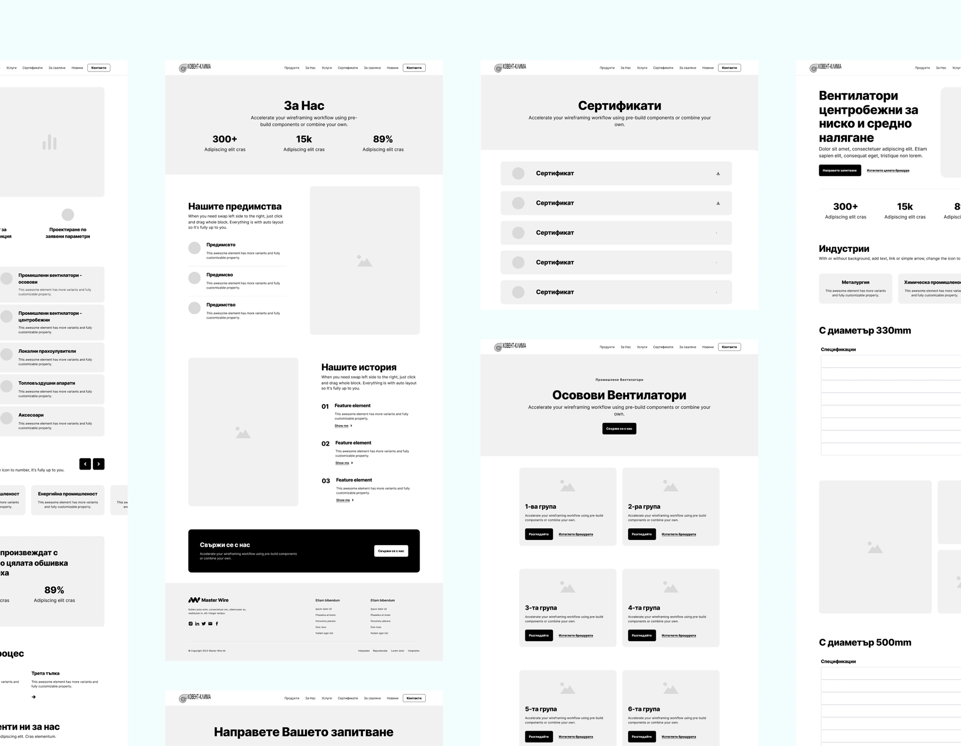 Kovent Klima greyscale wireframes for the about, certificates, product listing and specification pages side by side