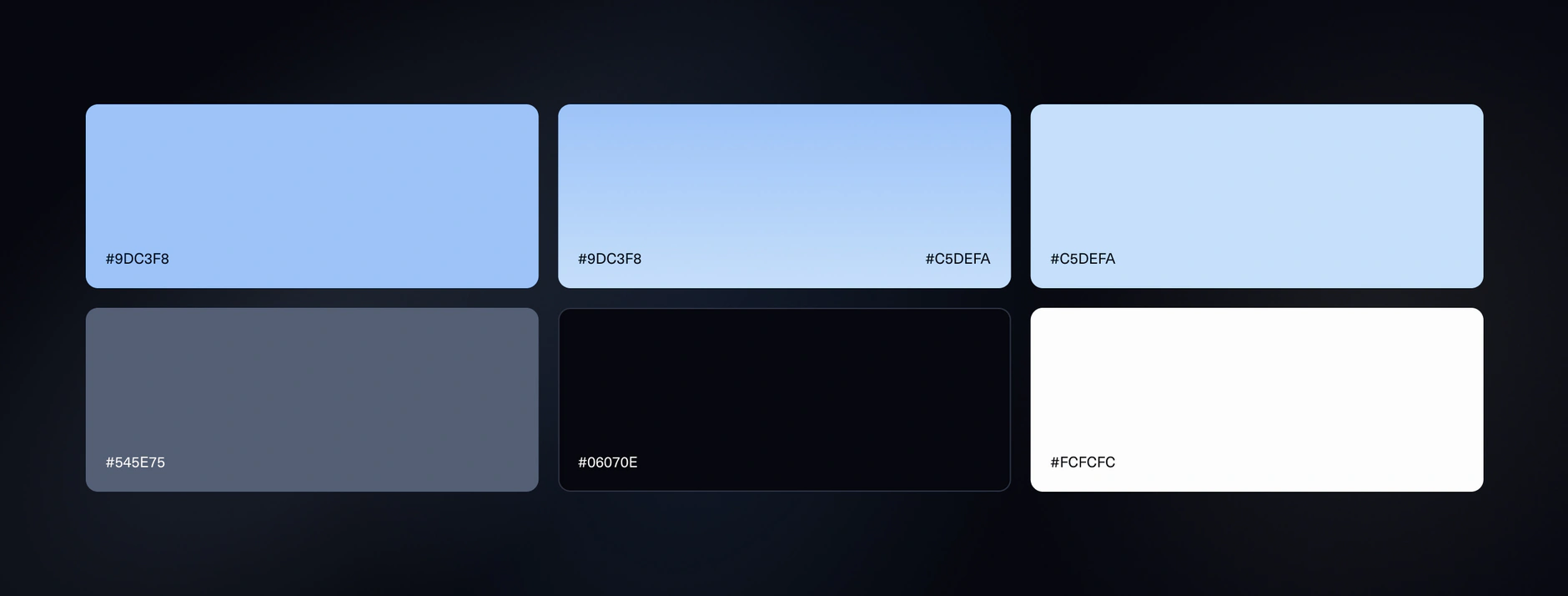 Media Monitoring and Social Listening blue colour palette swatches labelled with hex values including #9DC3F8 and #C5DEFA
