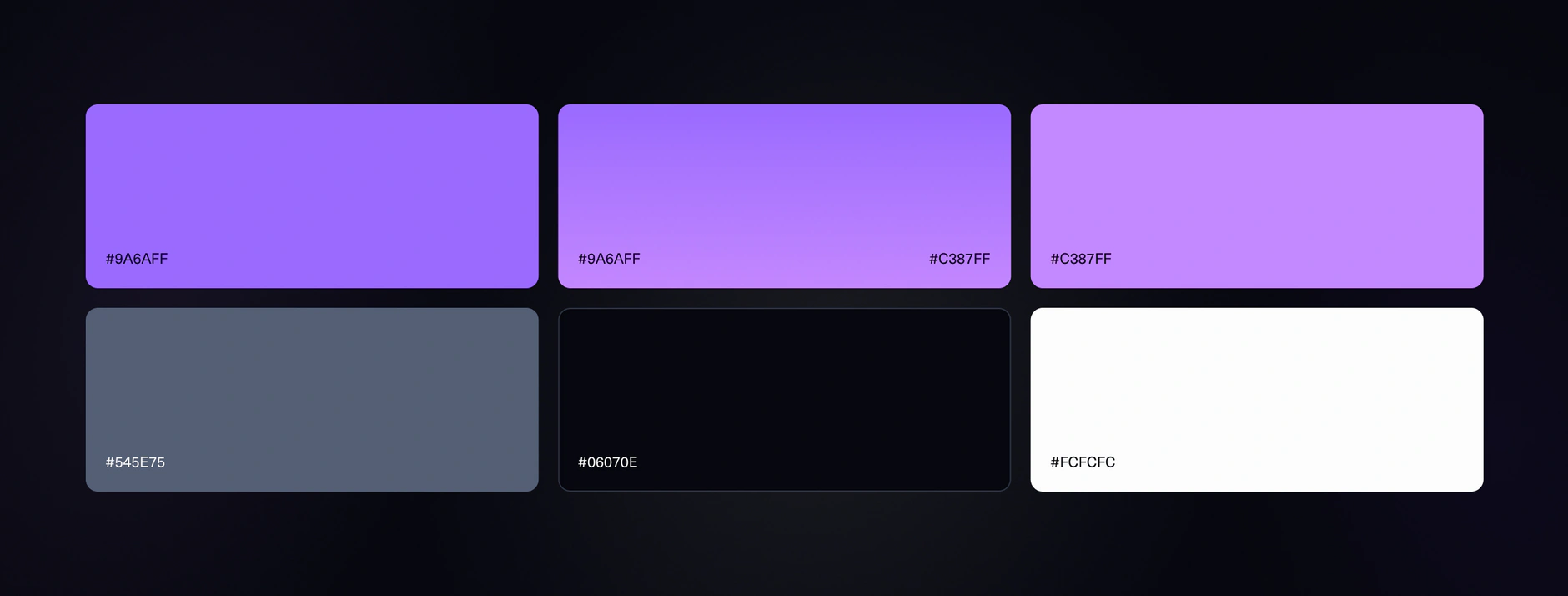 Media Monitoring and Social Listening purple colour palette swatches labelled with hex values including #9A6AFF and #C387FF