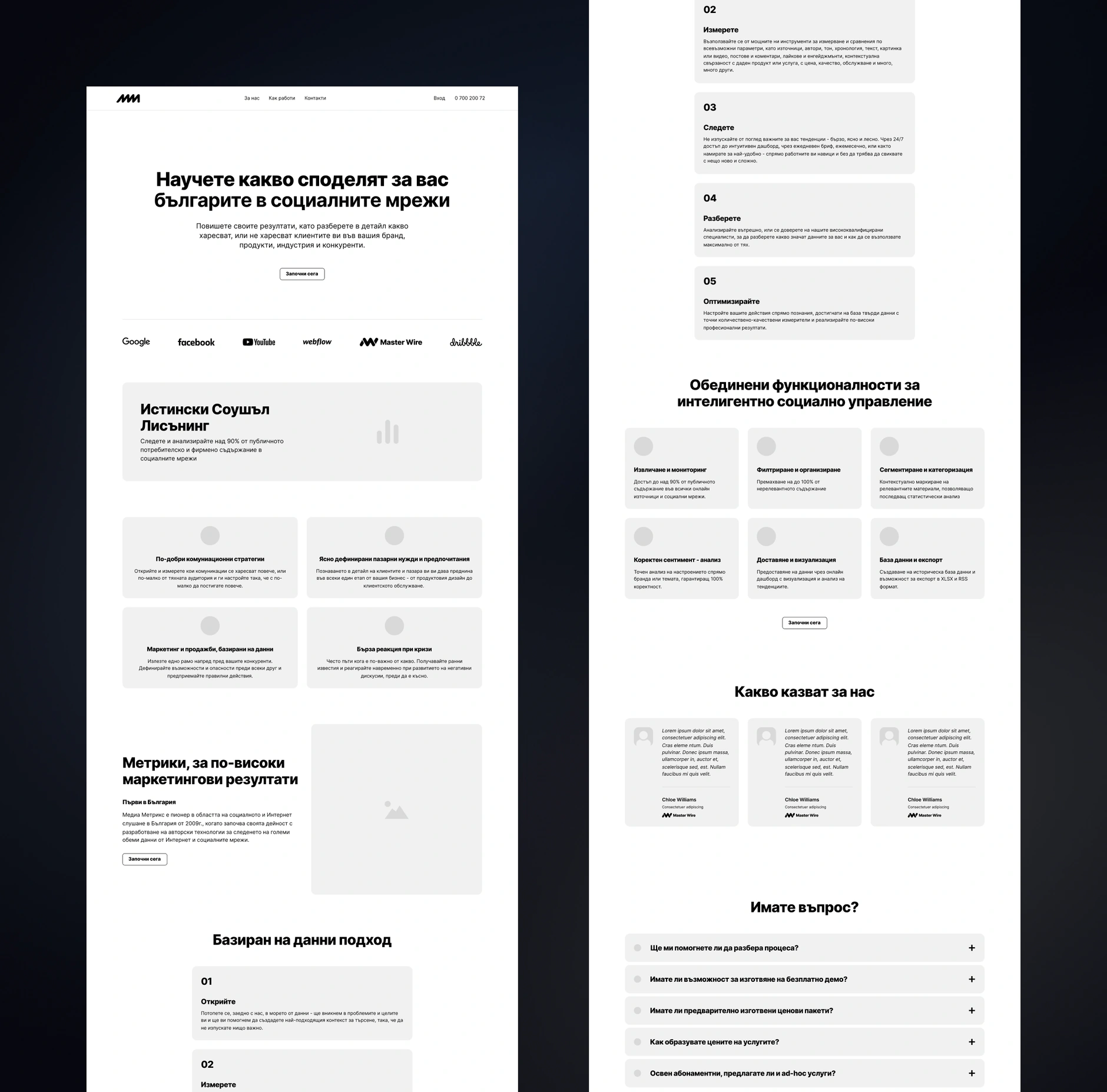 Greyscale homepage wireframes for Media Monitoring and Social Listening laid out as two long scrolling page columns