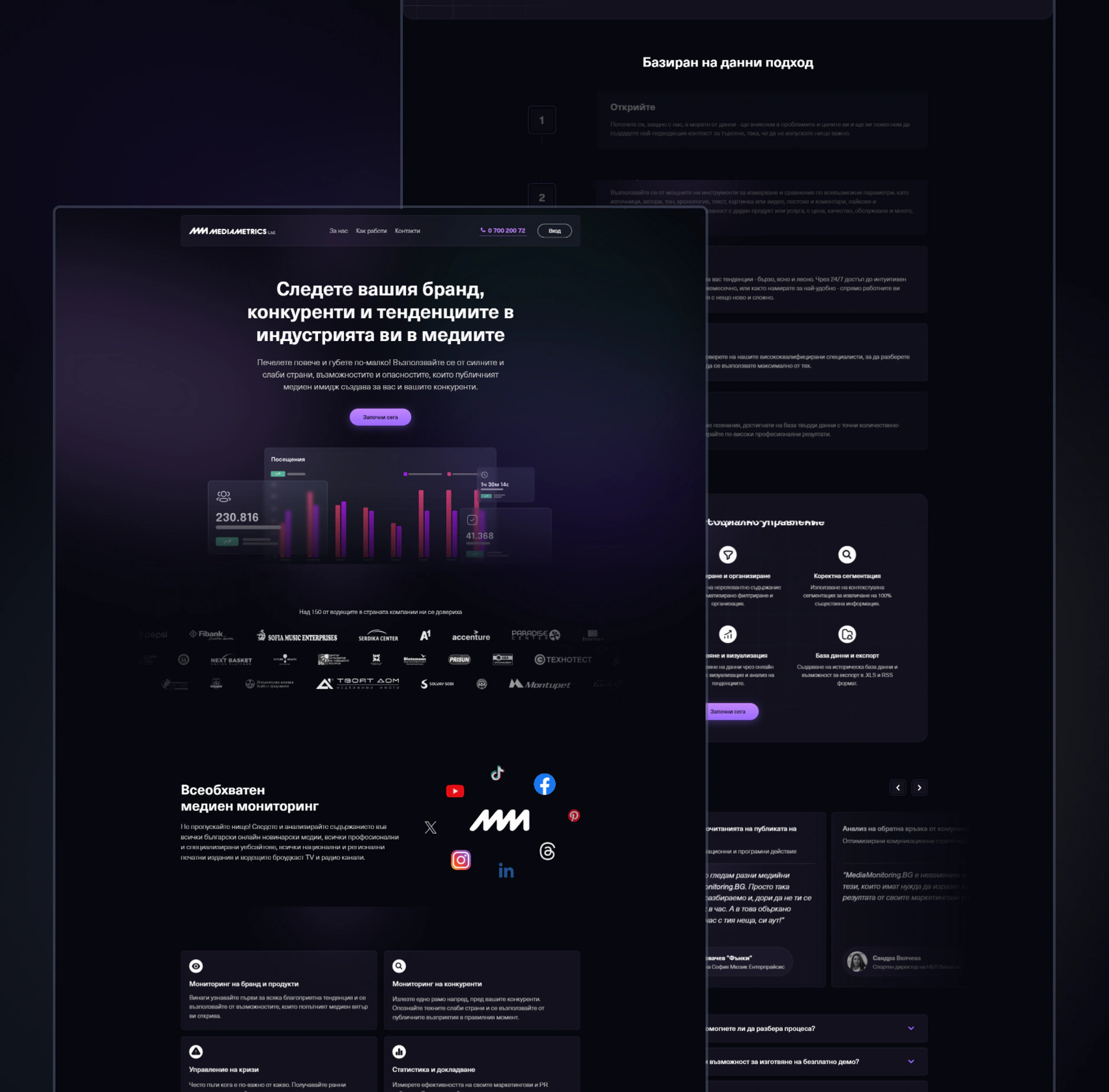 Dark purple MediaMetrics desktop homepage design for Media Monitoring and Social Listening with an analytics chart hero