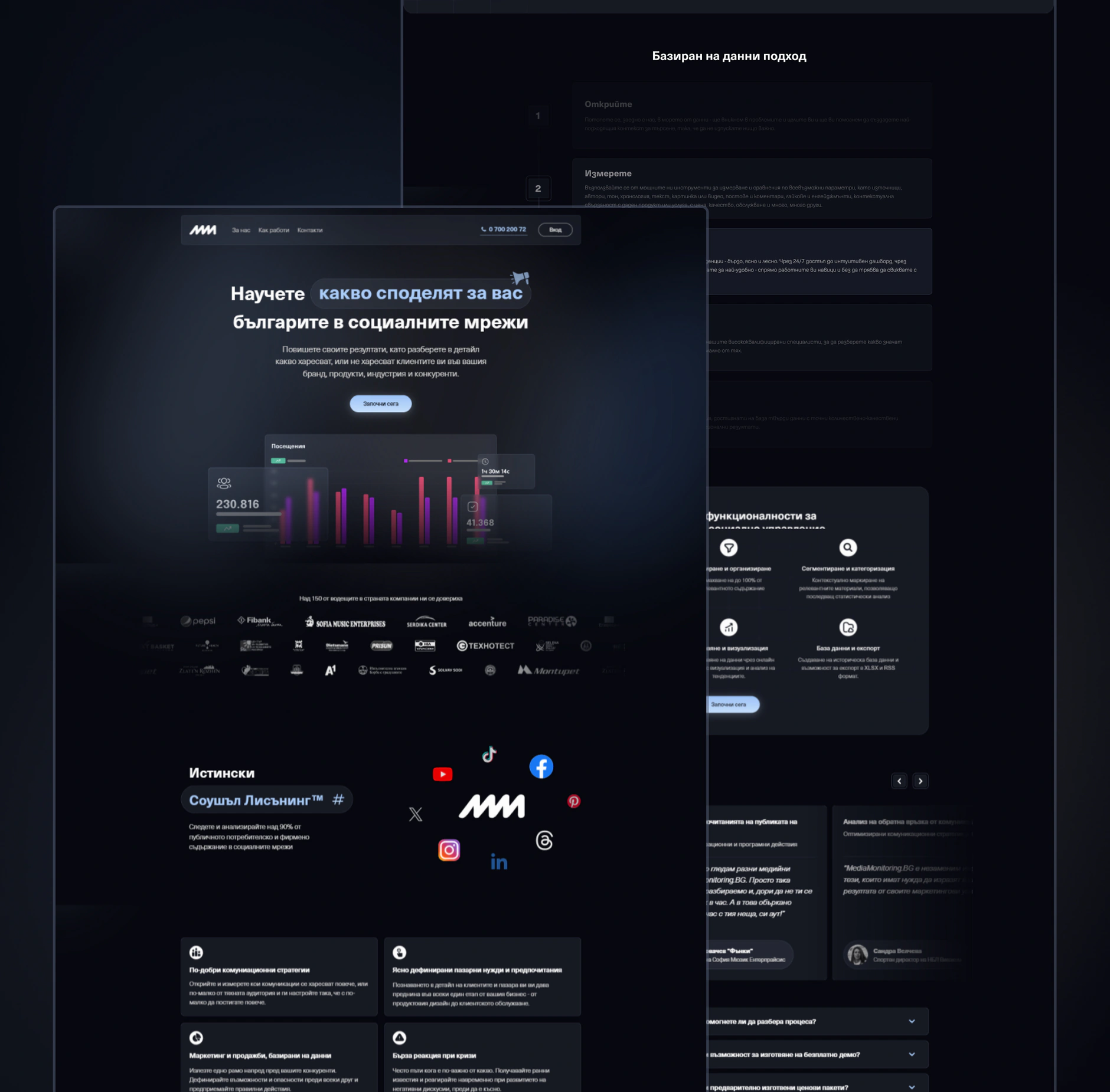 Dark blue Social Listening desktop homepage design for Media Monitoring and Social Listening with a client logo strip