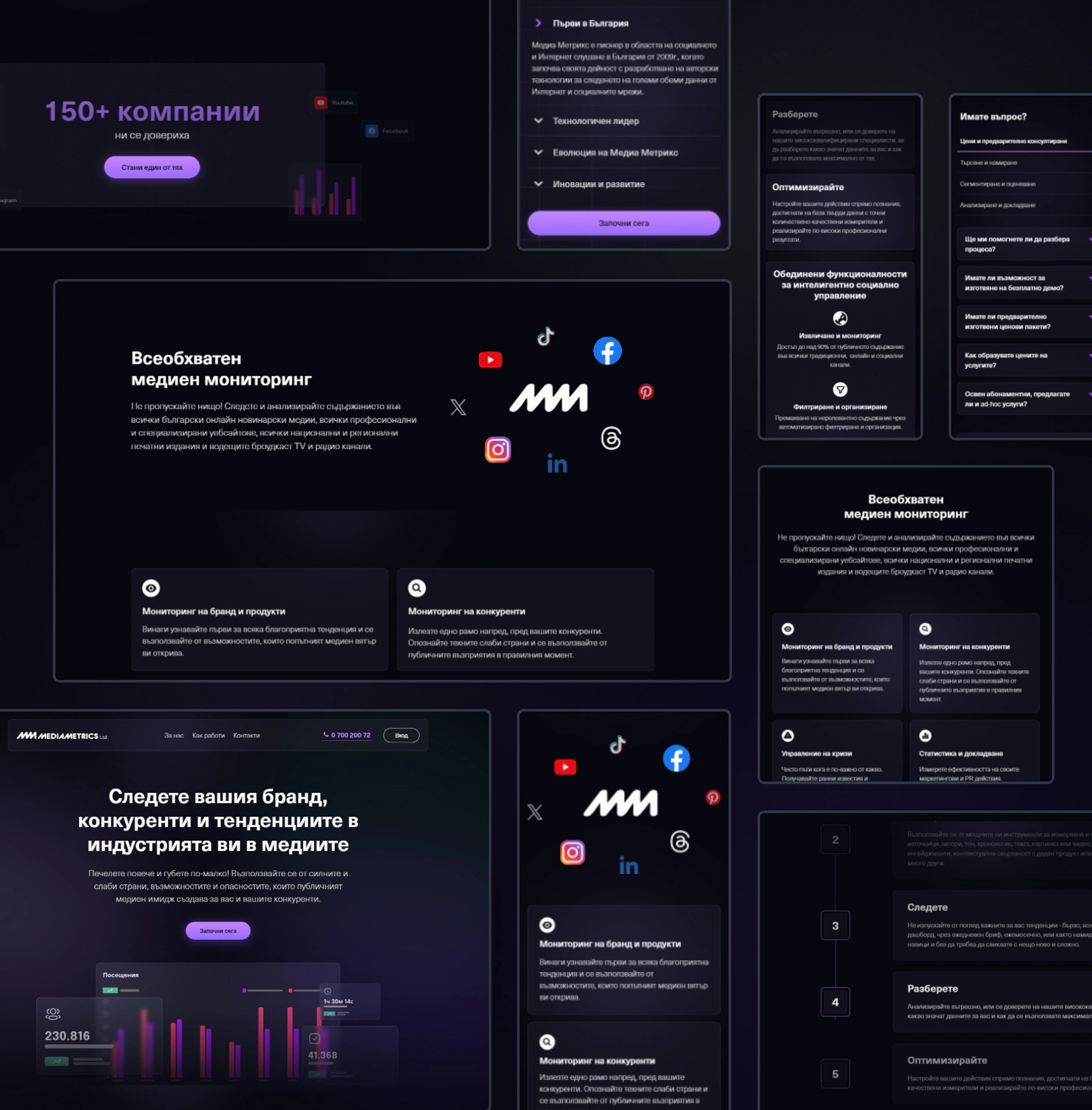 Media Monitoring and Social Listening purple page sections shown at desktop and narrow widths, with feature cards and FAQ