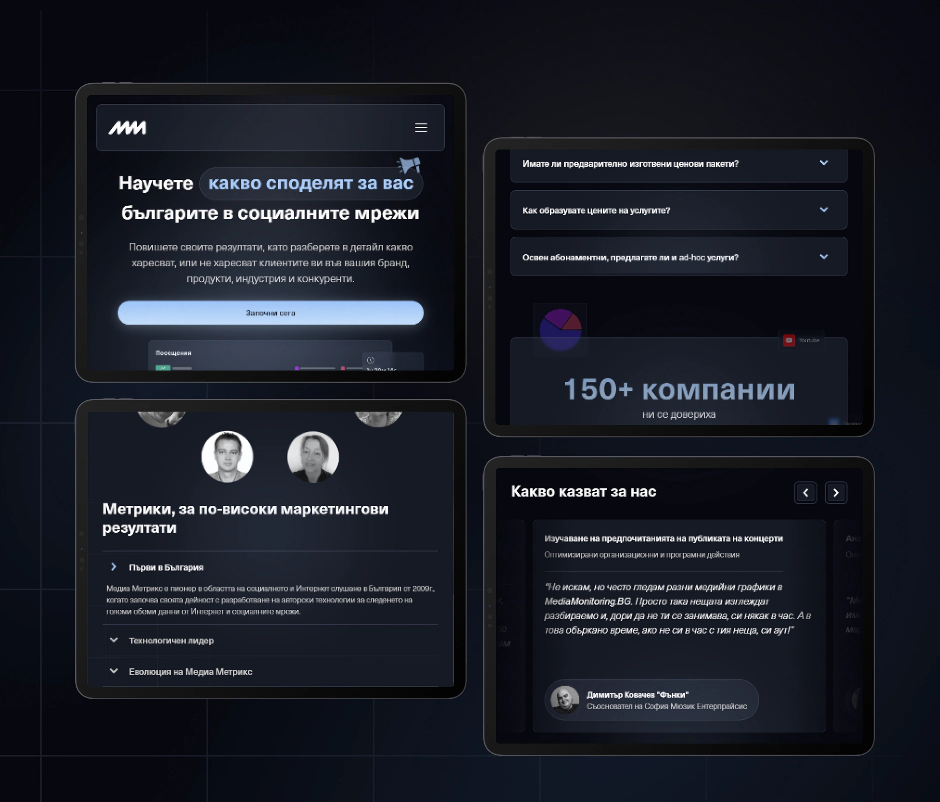 Four tablet mockups of the Social Listening site for Media Monitoring and Social Listening showing hero, FAQ and testimonials