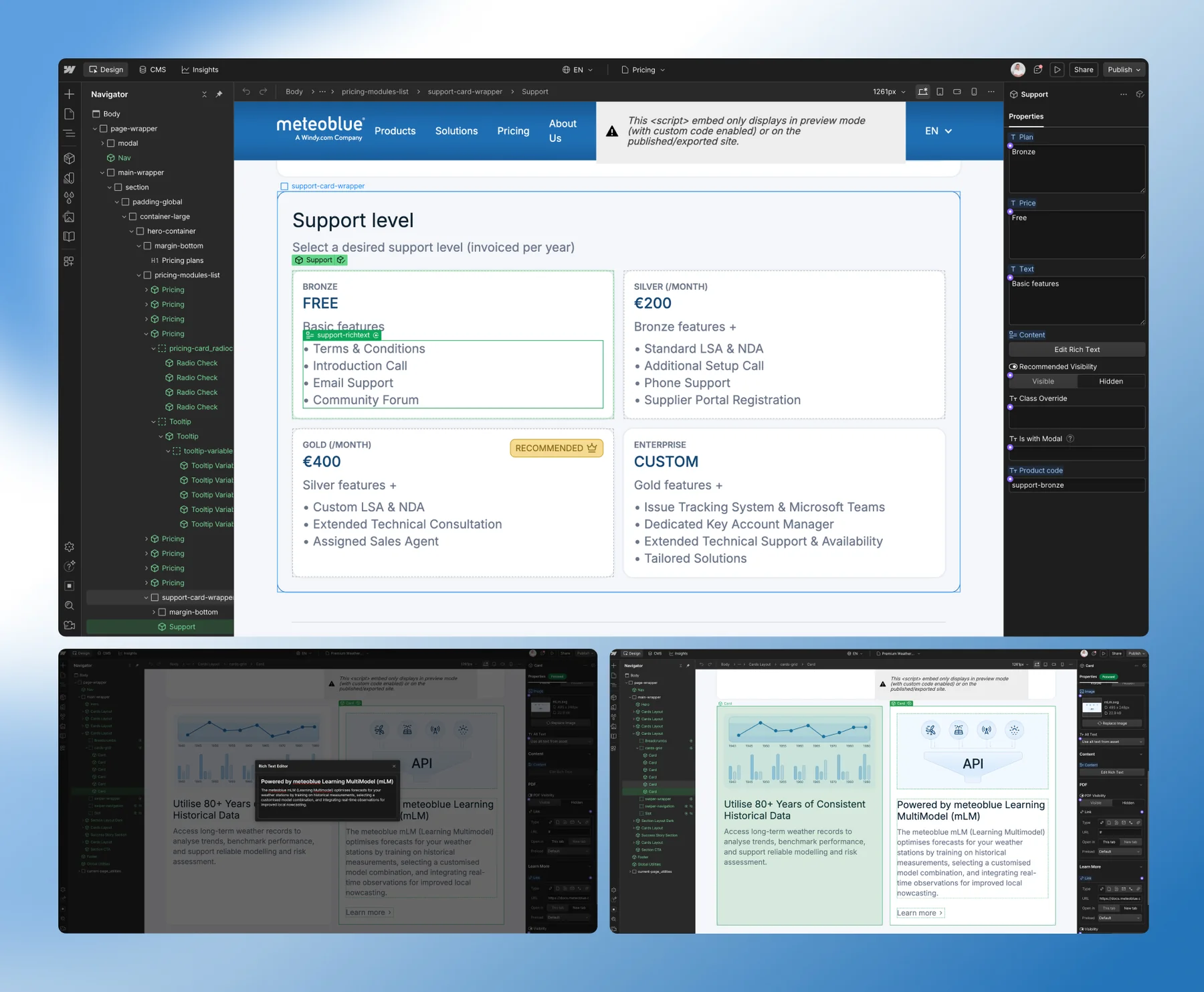 meteoblue support-level pricing component in the Webflow Designer with Bronze to Enterprise tiers and editable properties, above the historical data and API feature cards