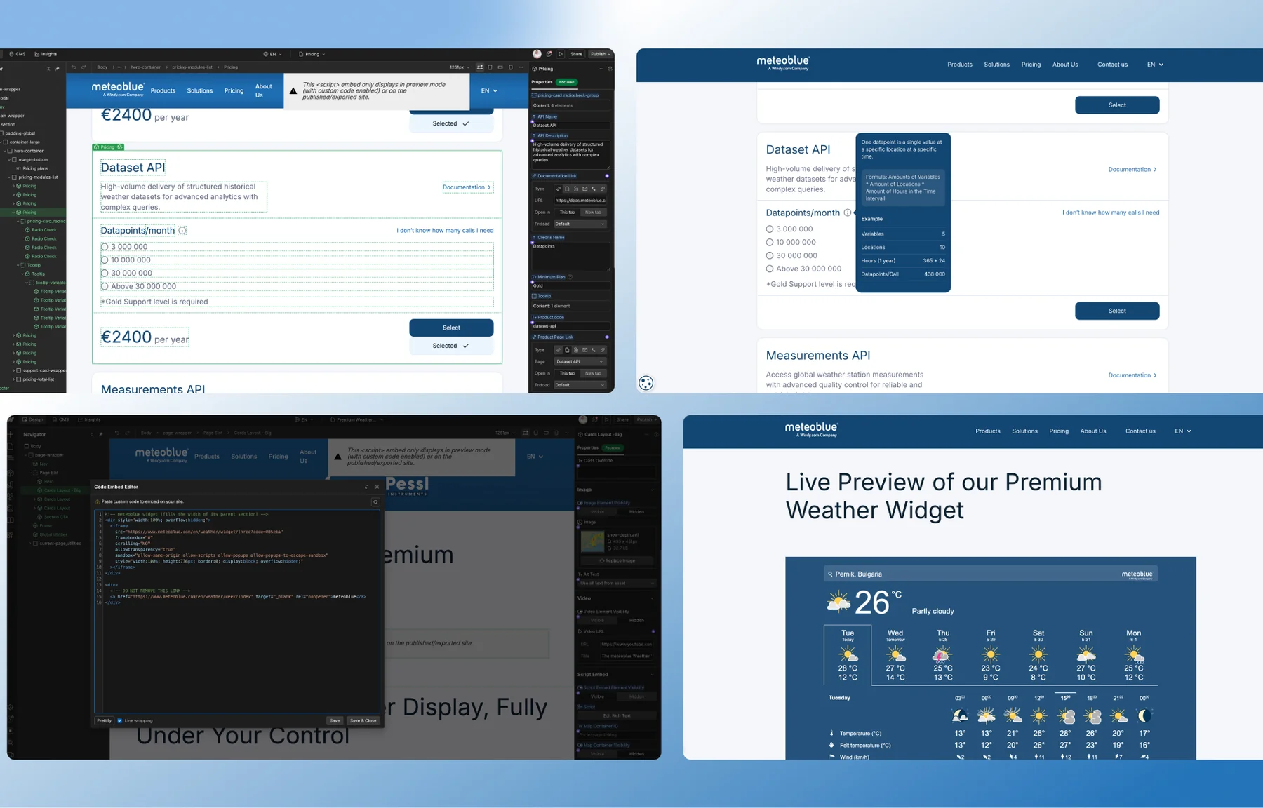 meteoblue Dataset API pricing card with datapoint options in the Webflow Designer, its live tooltip, the weather widget embed code and the Premium Weather Widget preview
