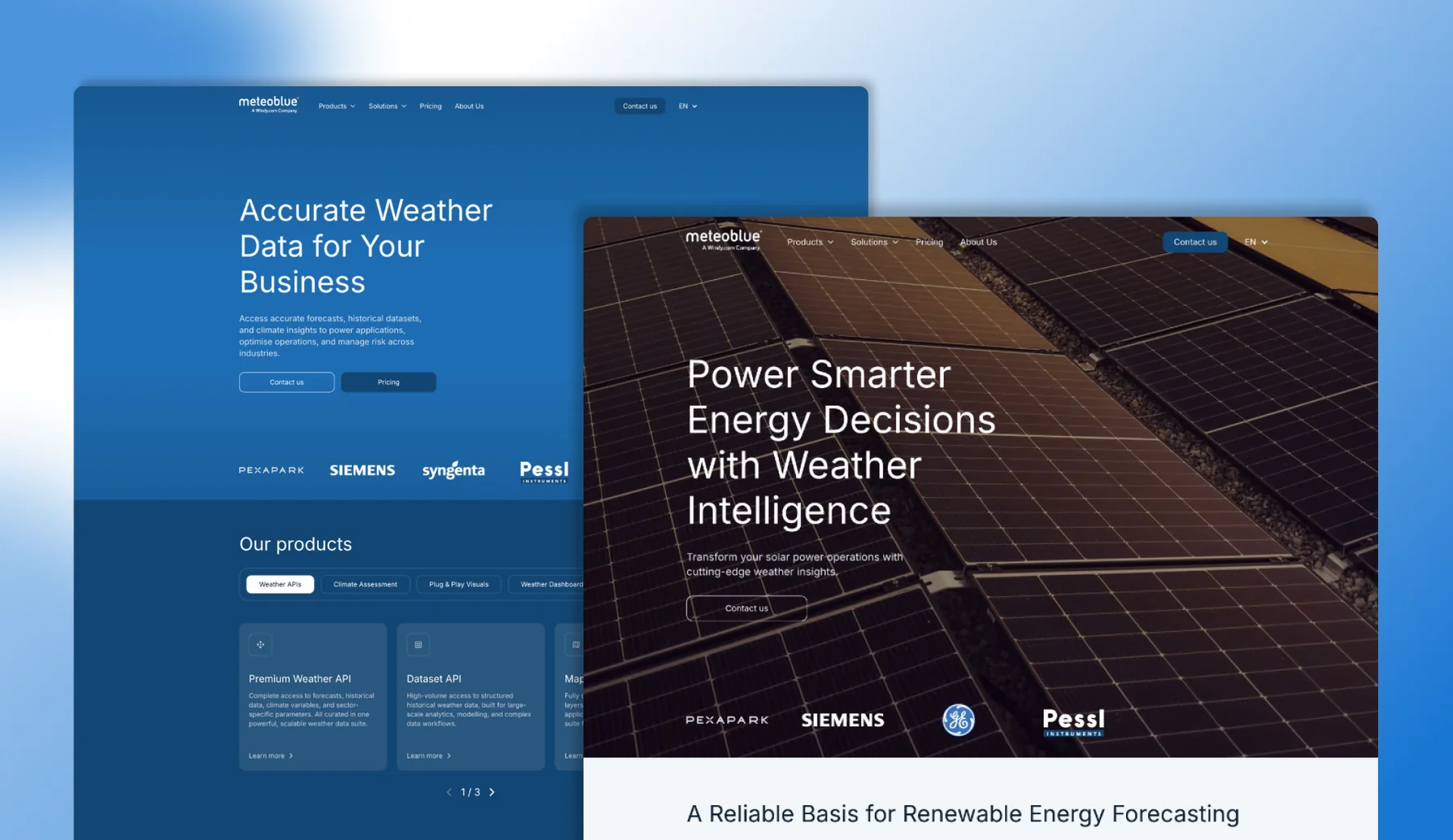 meteoblue business homepage with the Accurate Weather Data for Your Business hero and product tabs, next to the Power Smarter Energy Decisions solar solution page