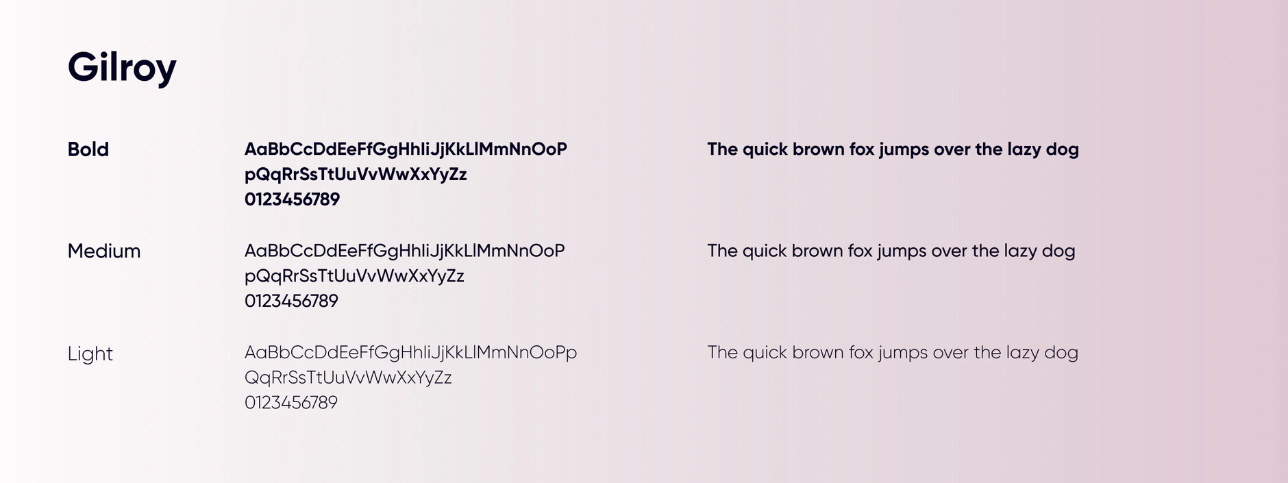 One of 8 typography sheet showing the Gilroy typeface in bold, medium and light on a soft pink gradient