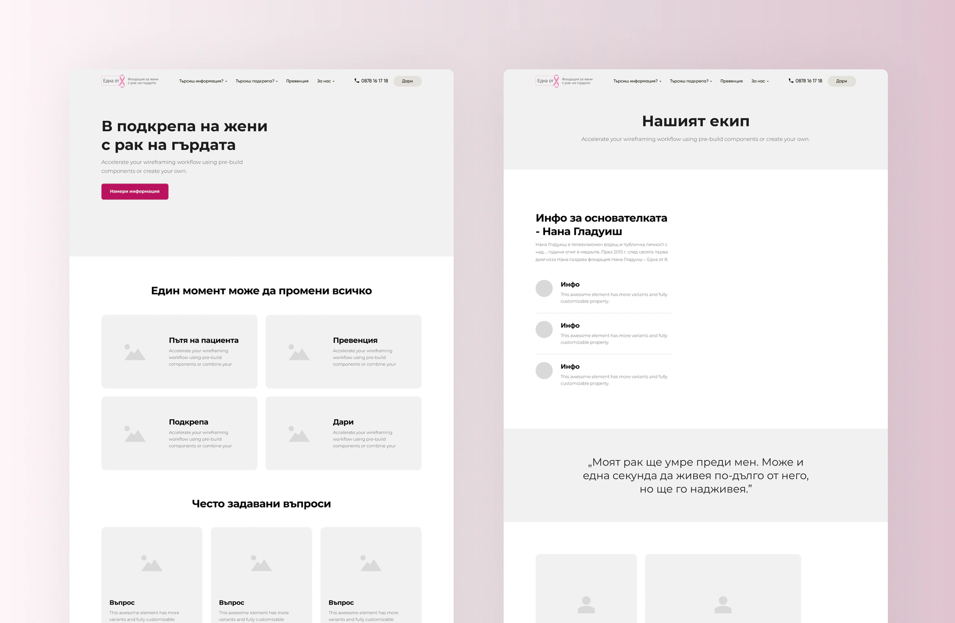 Two One of 8 wireframes, the homepage with support cards and FAQs and the team page with founder info