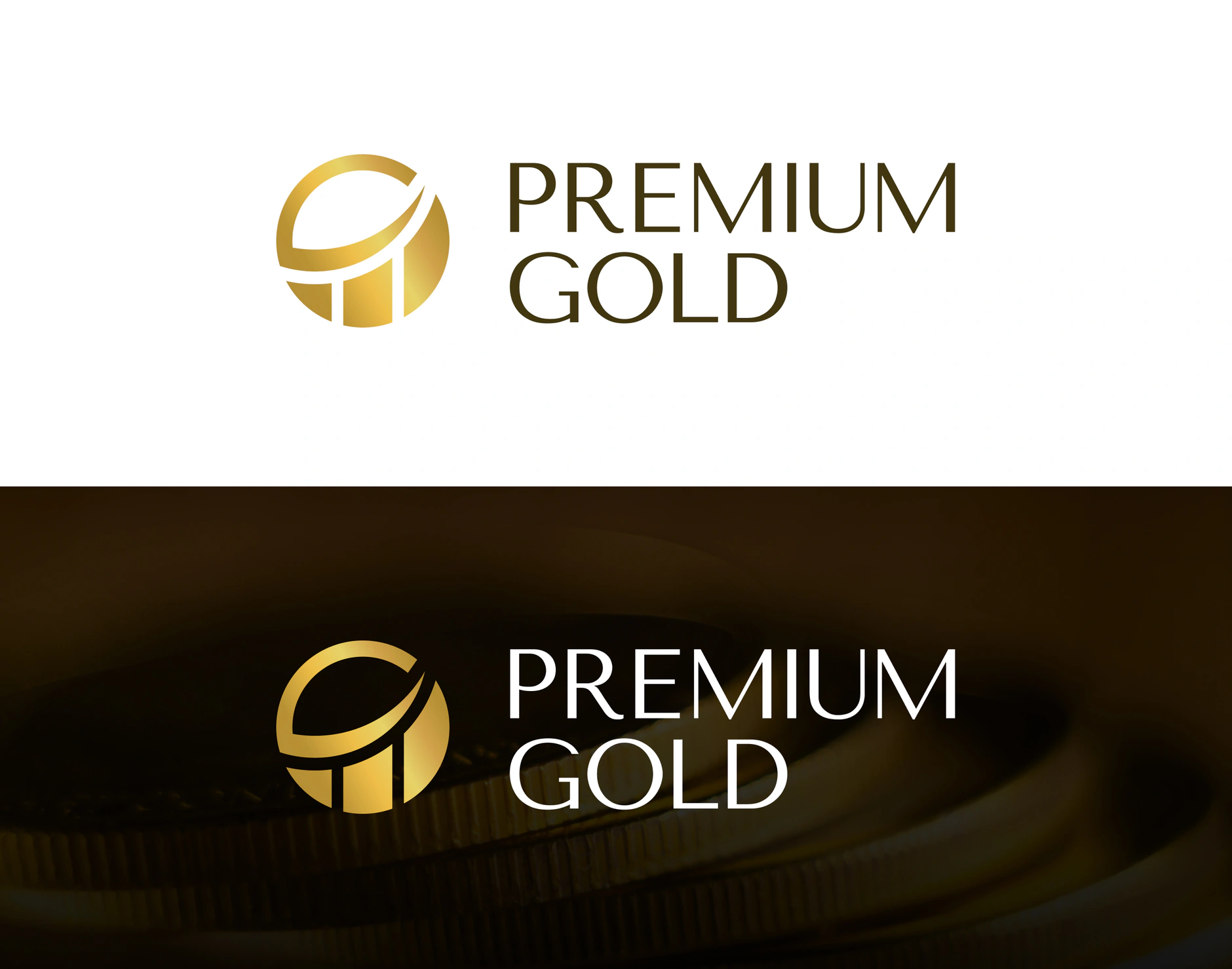 Premium Gold logo lockup shown on white and over a dark gold-coin photo, gold circular mark beside the wordmark