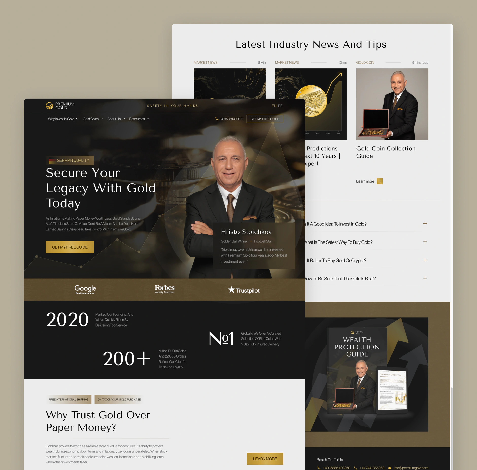 Premium Gold homepage UI design with the dark hero, a football star endorsement panel and an industry news section