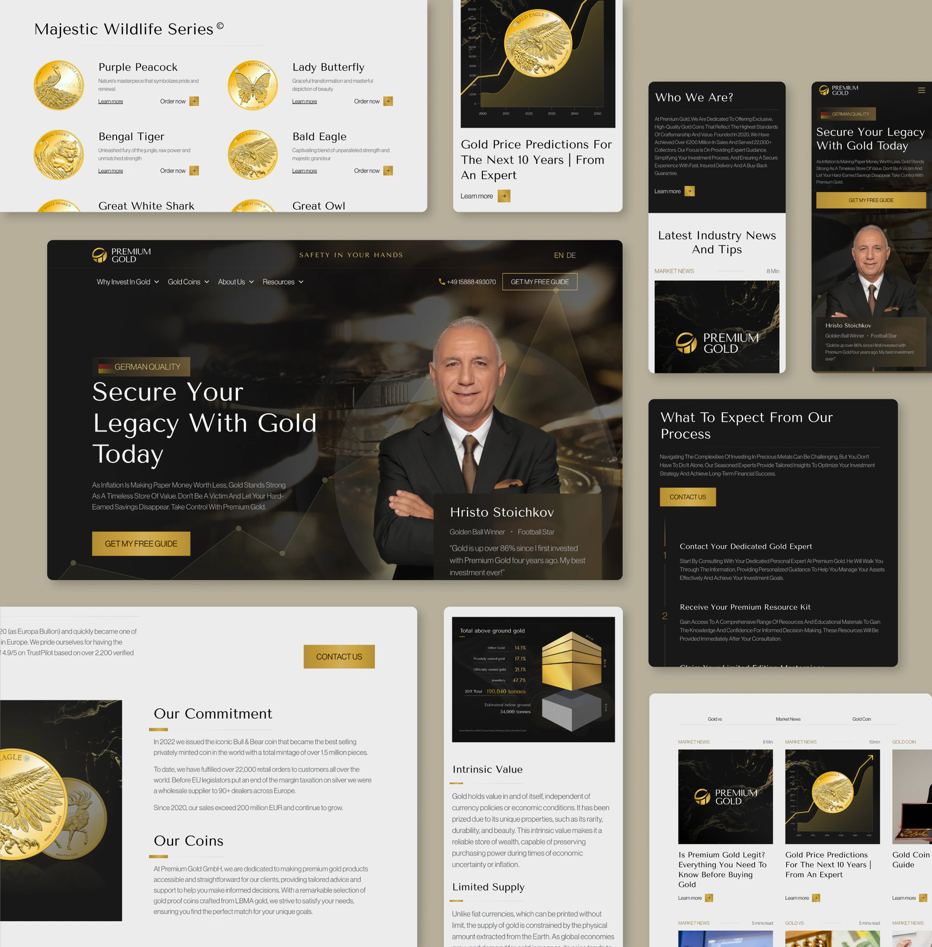Premium Gold desktop and mobile screens showing the hero, coin series list, process steps and news cards