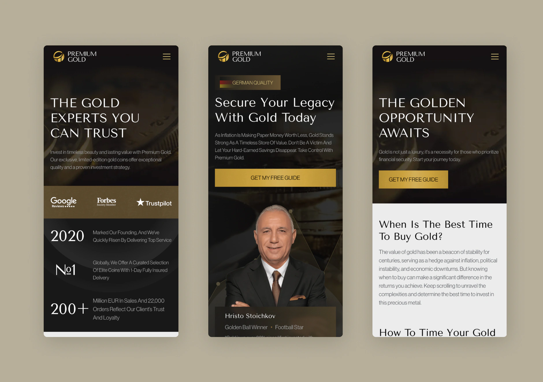 Three Premium Gold mobile screens with dark hero sections, trust logos and a gold call-to-action button
