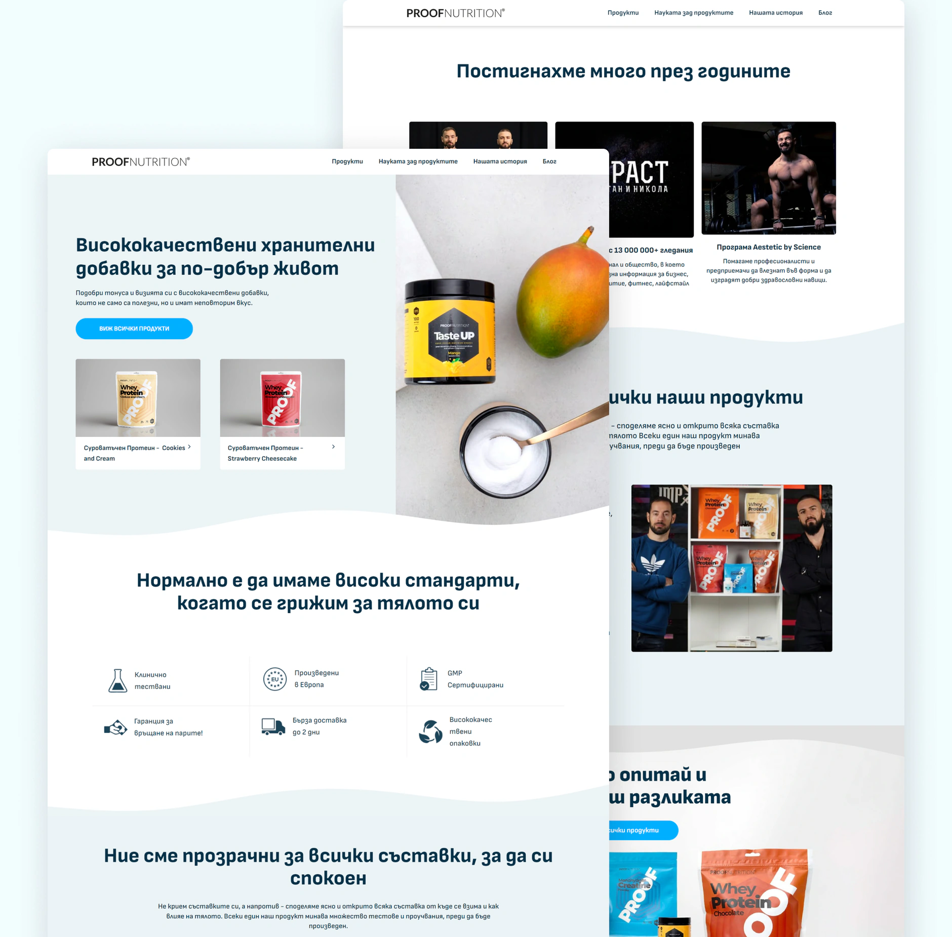 Overlapping Proof Nutrition desktop layouts with the mango and Taste UP hero, a milestones section and product photography