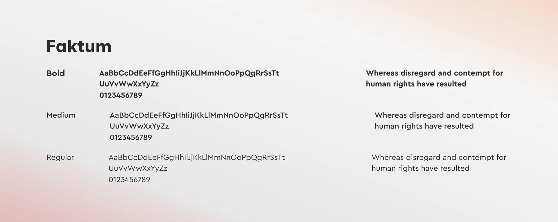 Protagona typography sheet showing the Faktum typeface in Bold, Medium and Regular with the full alphabet, numerals and sample text